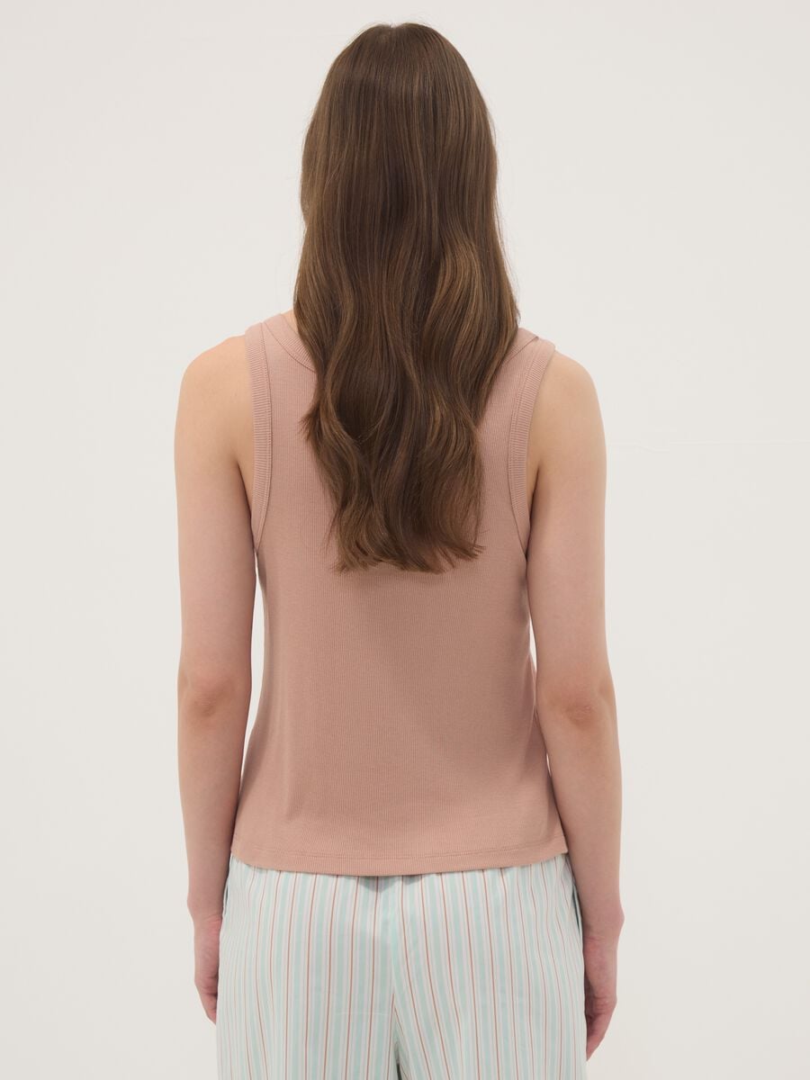 Beige ribbed cotton and viscose blend henley vest top_3