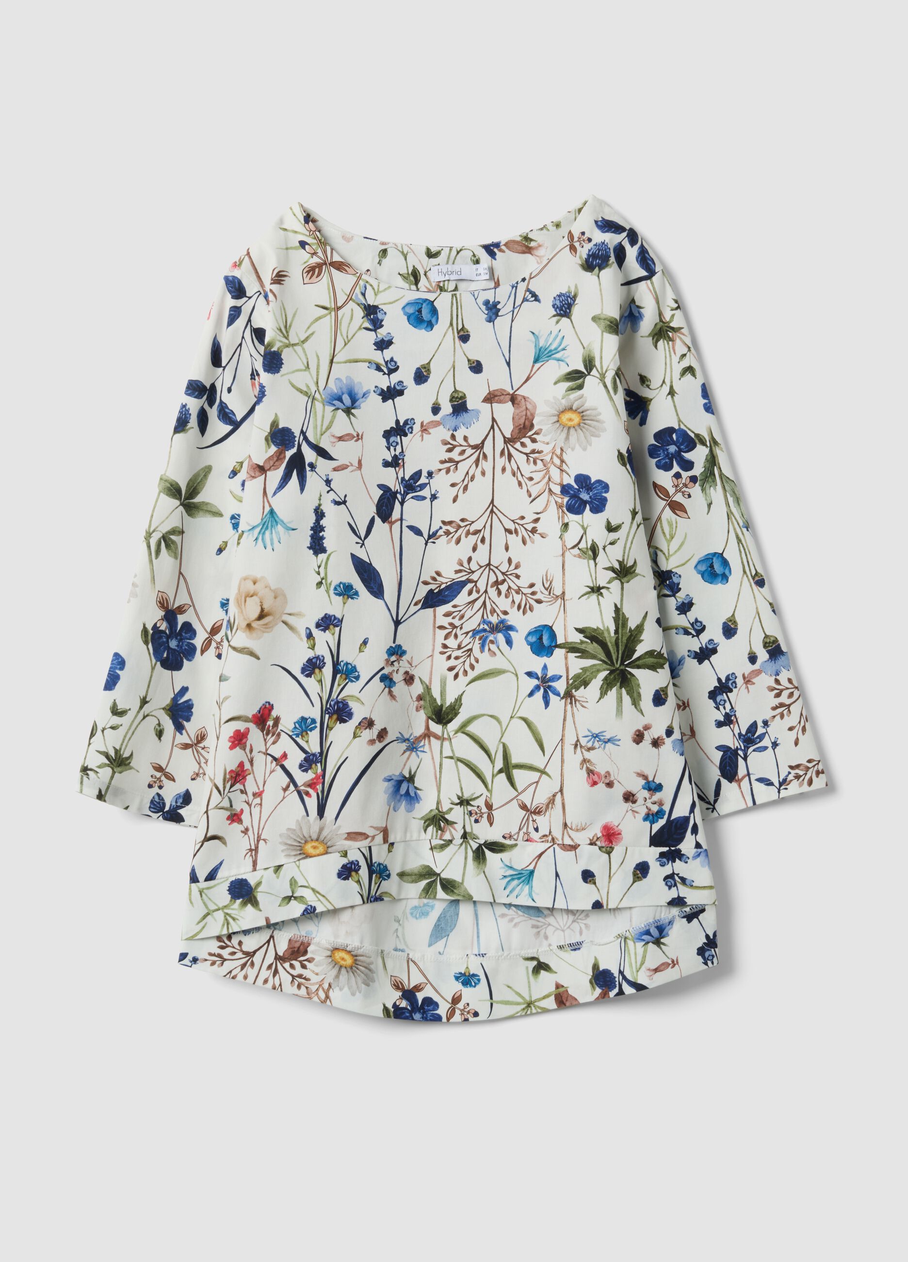 White stretch-cotton blouse with floral print