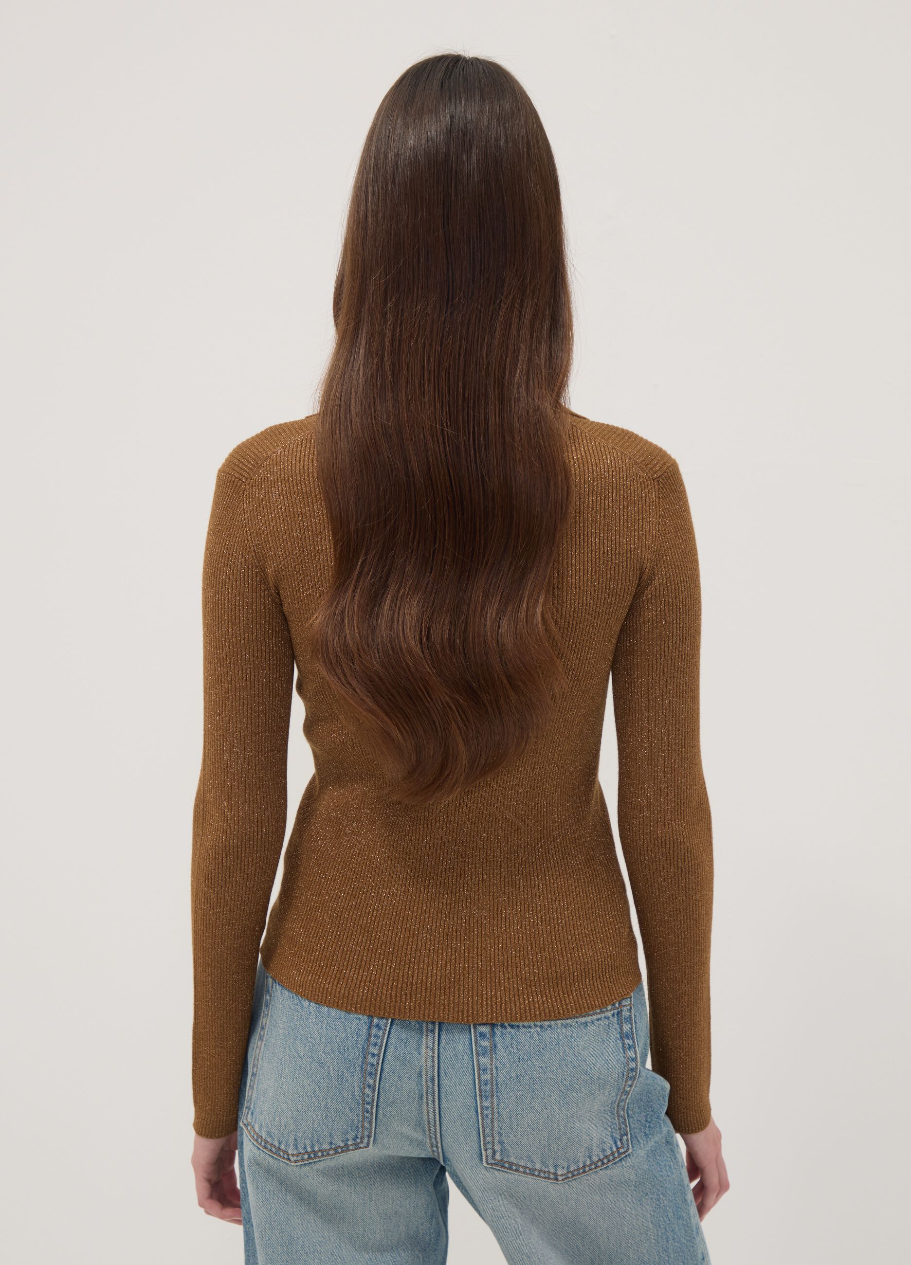 Brown ribbed viscose-blend polo-collar top