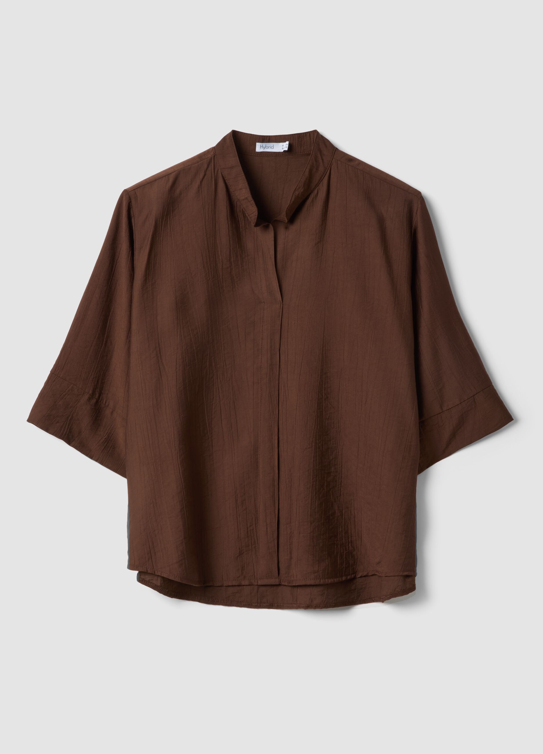 Brown viscose-blend regular-fit blouse with mandarin collar