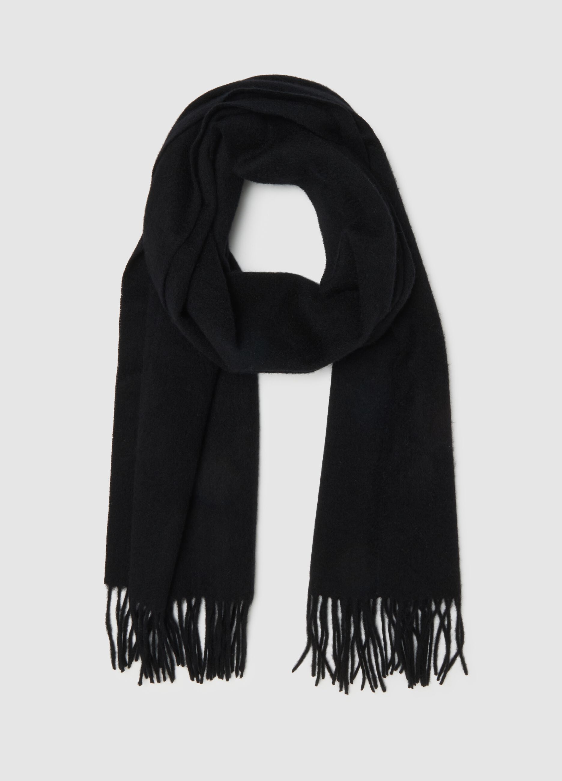 Black wool and cashmere scarf with fringes