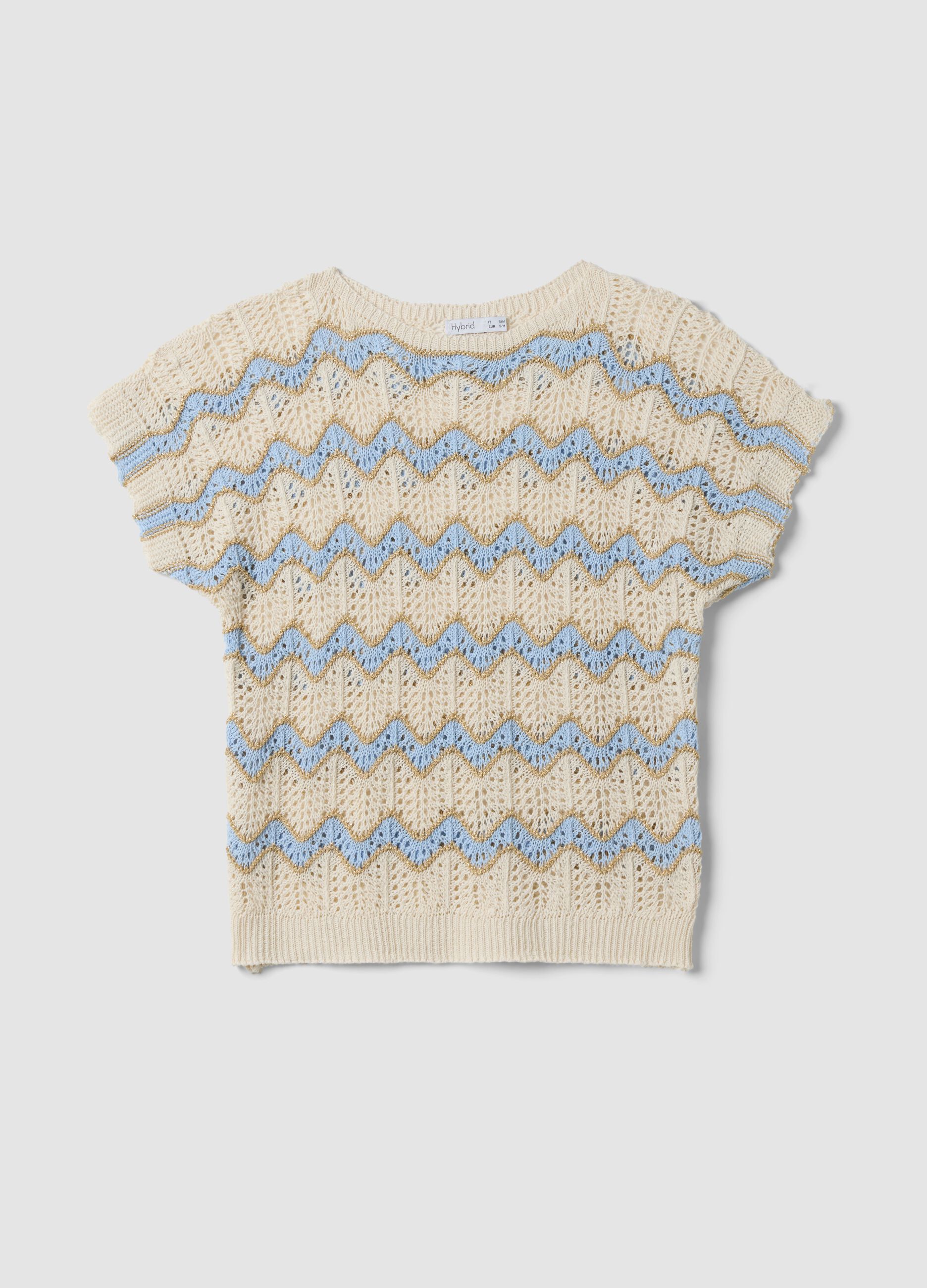 Beige stretch cotton T-shirt with openwork detailing