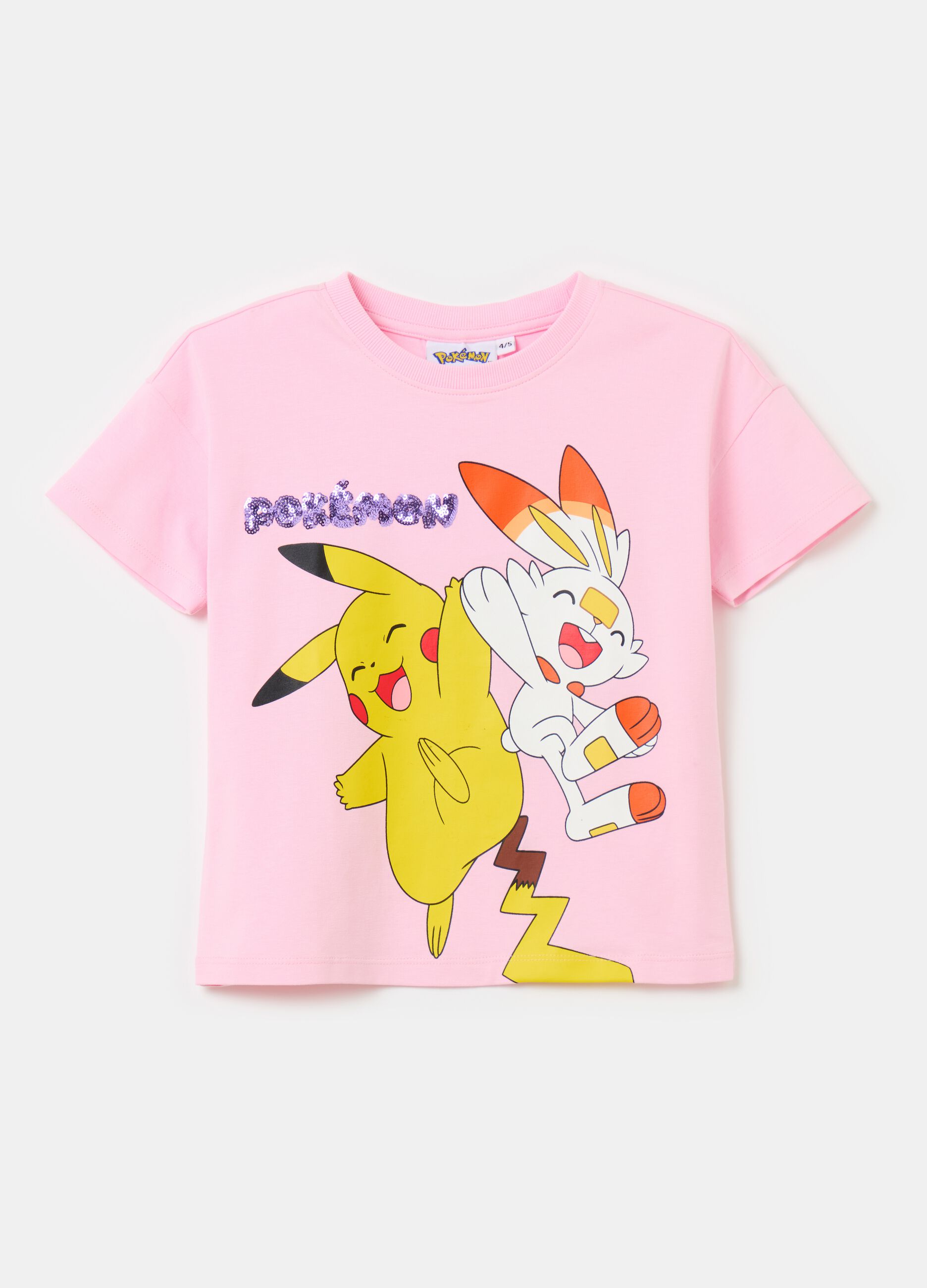 Camiseta corta estampado Pokémon con lentejuelas