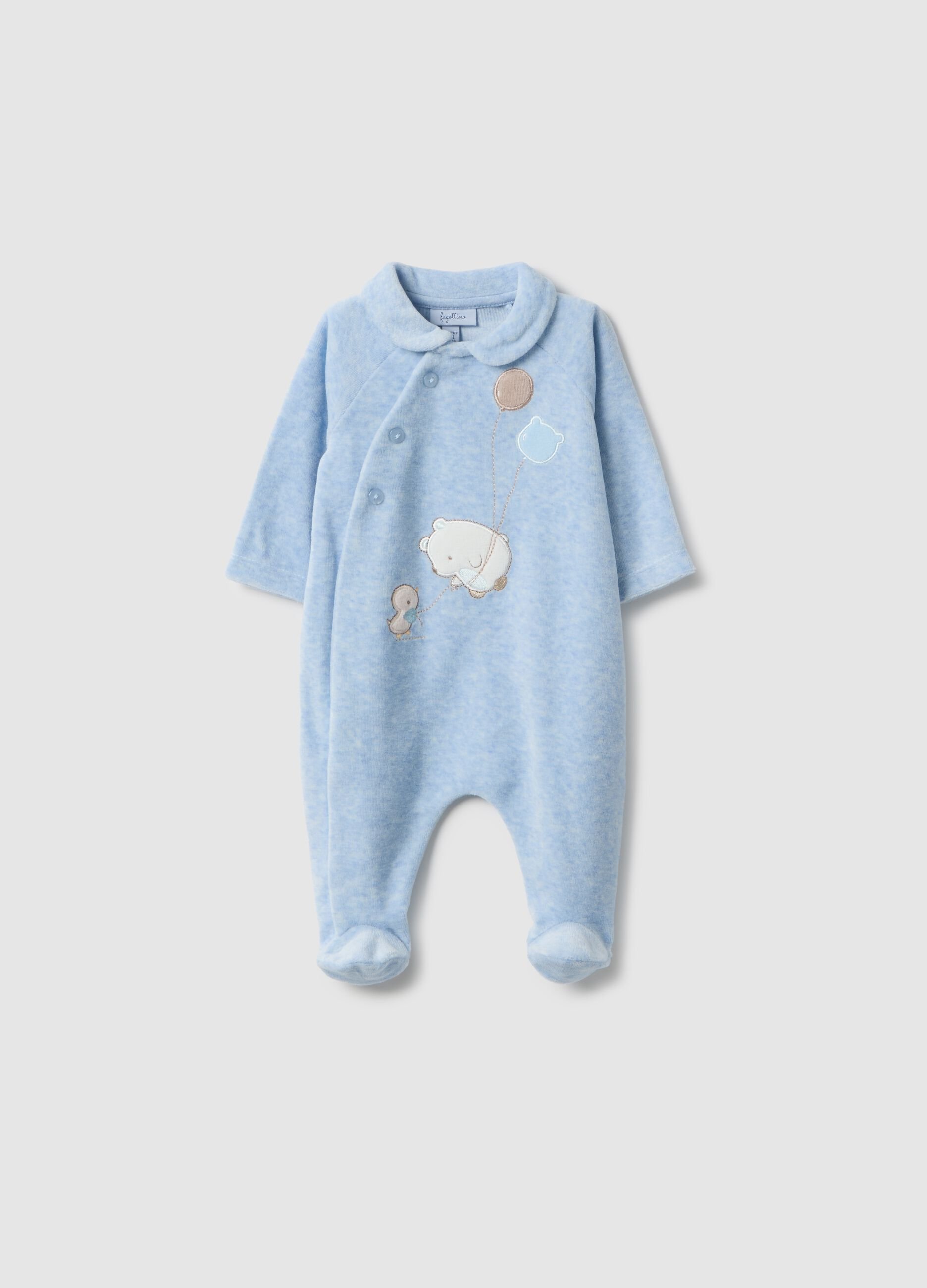 Baby's blue cotton blend romper with snap closure and embroidery