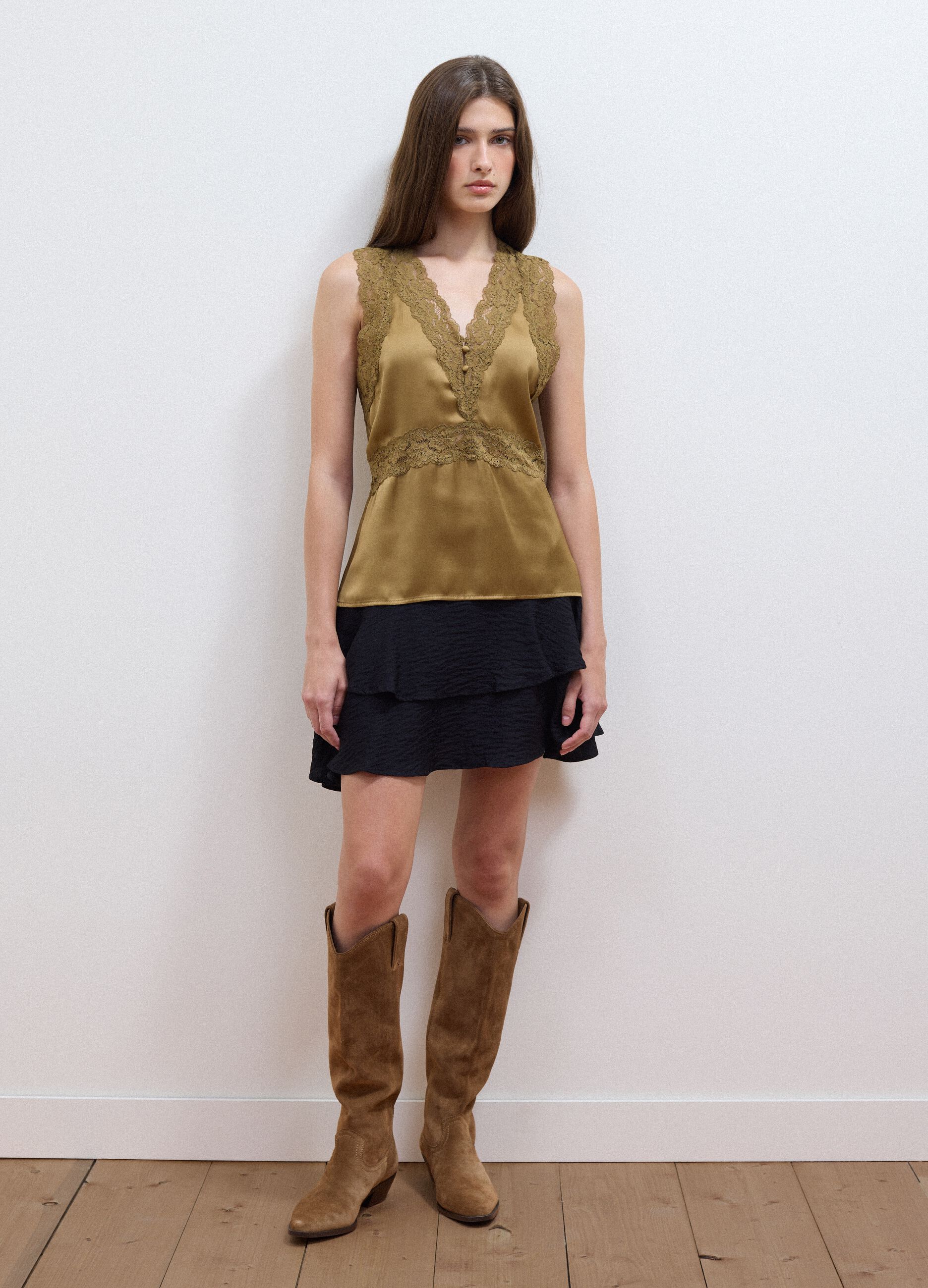Brown viscose-blend lace top