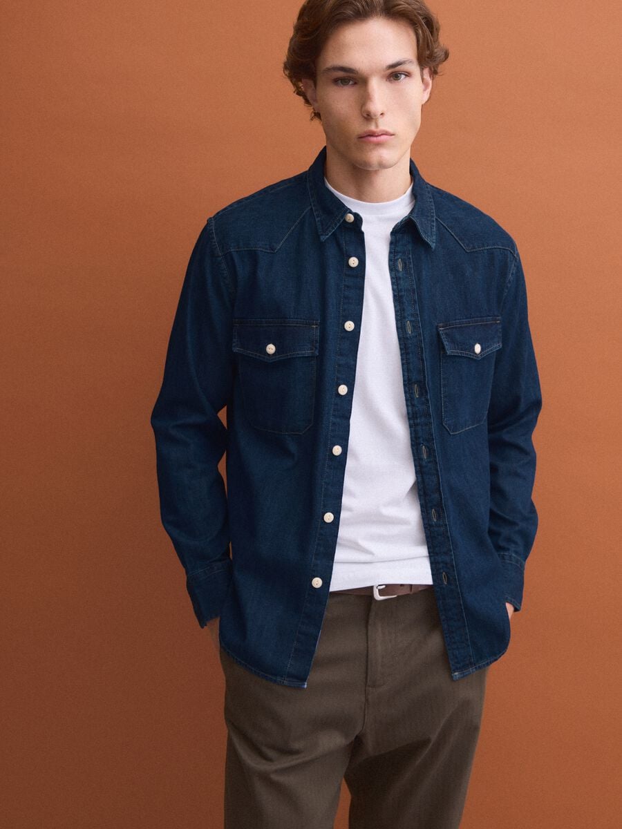 Blue pure cotton shirt with buttons and classic collar, regular fit_1