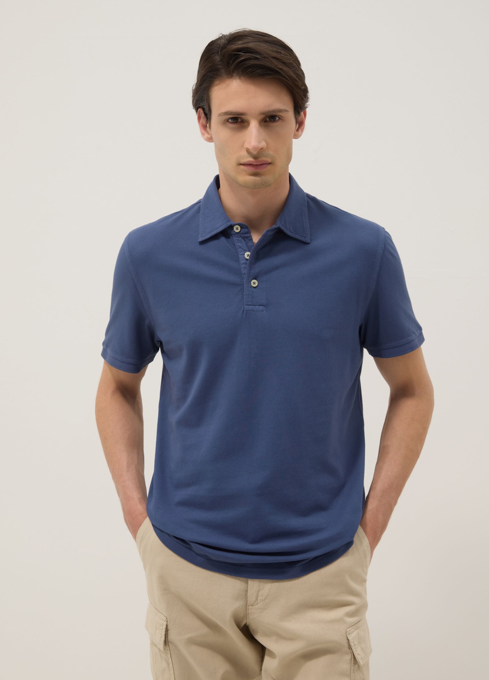Blue pure cotton slim-fit short-sleeve polo