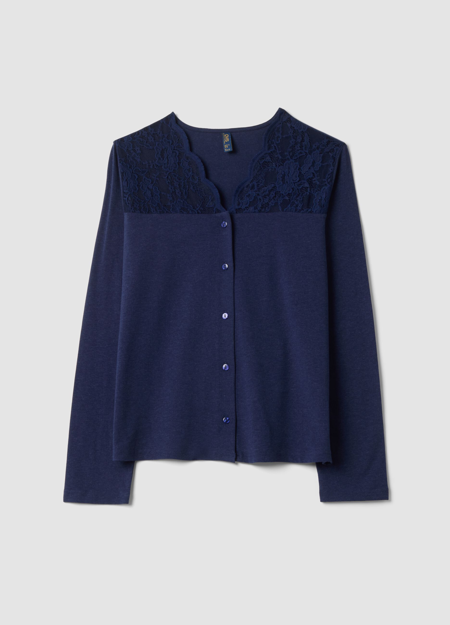 Blue V-neck pyjama top in stretchy cotton, lyocell and wool