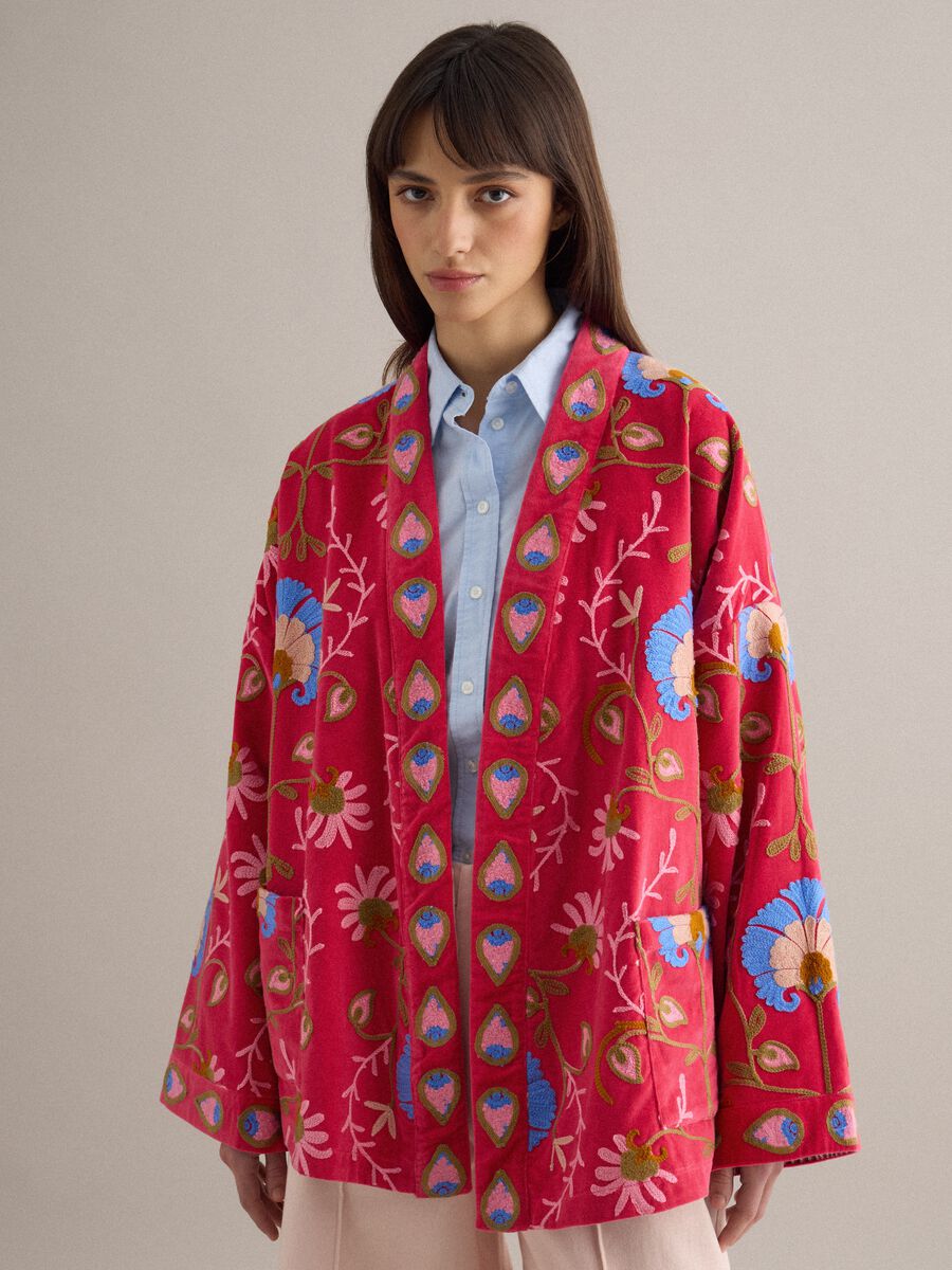 Oversized fit multicolour pure cotton kimono with floral embroidery_1