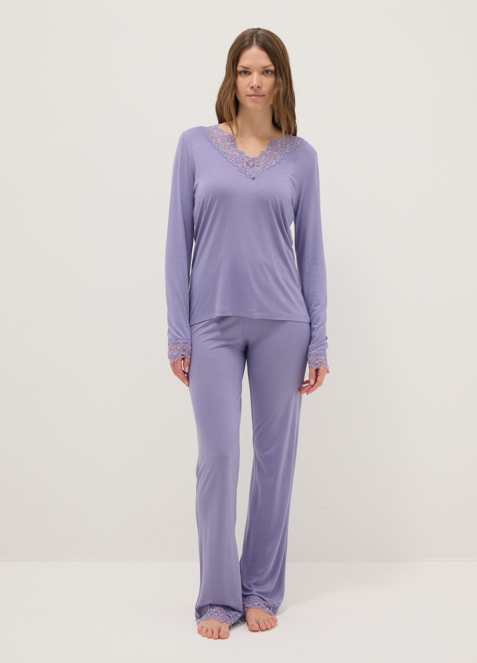 Purple pyjama trousers regular fit with lace details