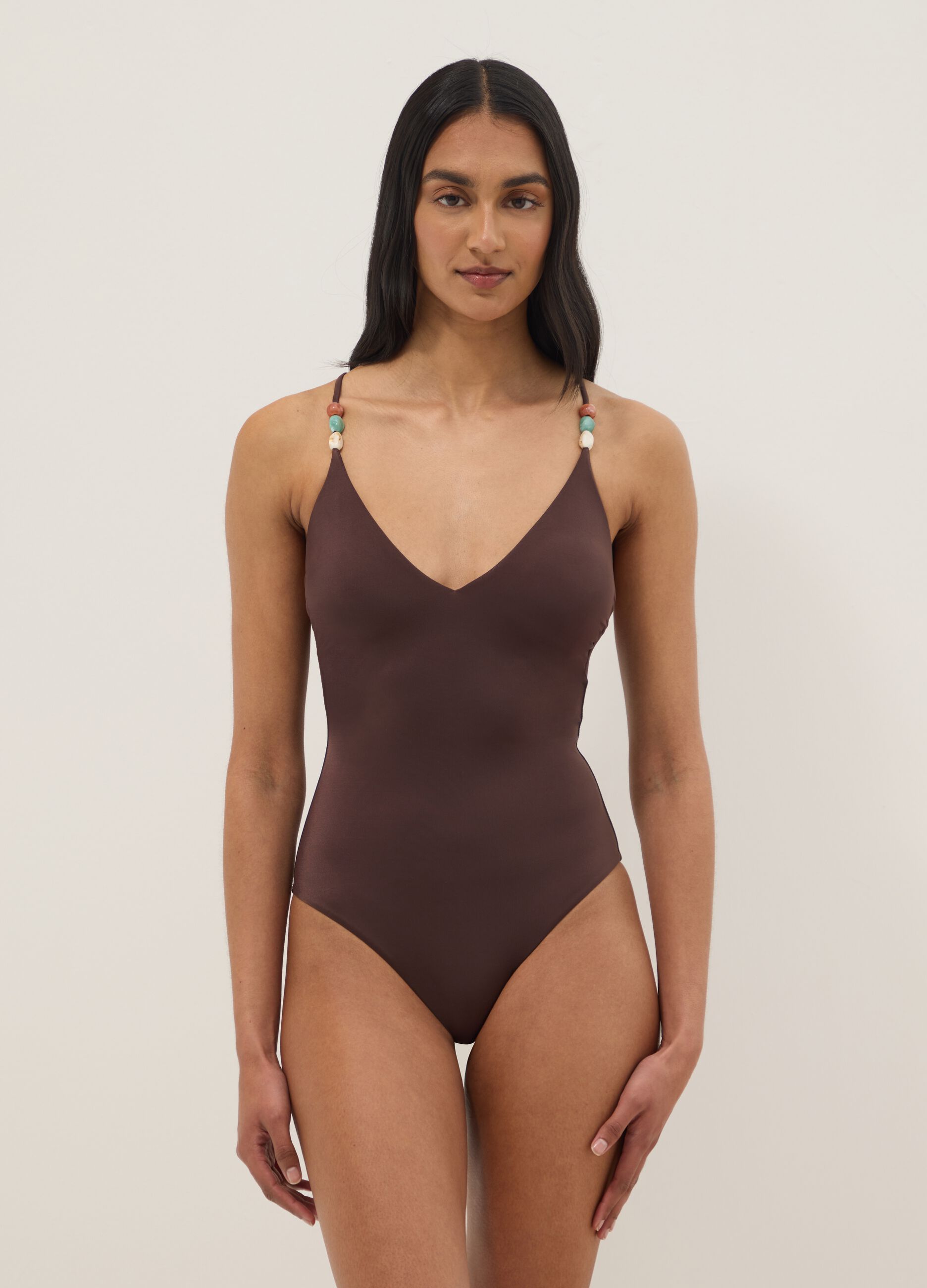 Brown stretch swimsuit with embellished straps