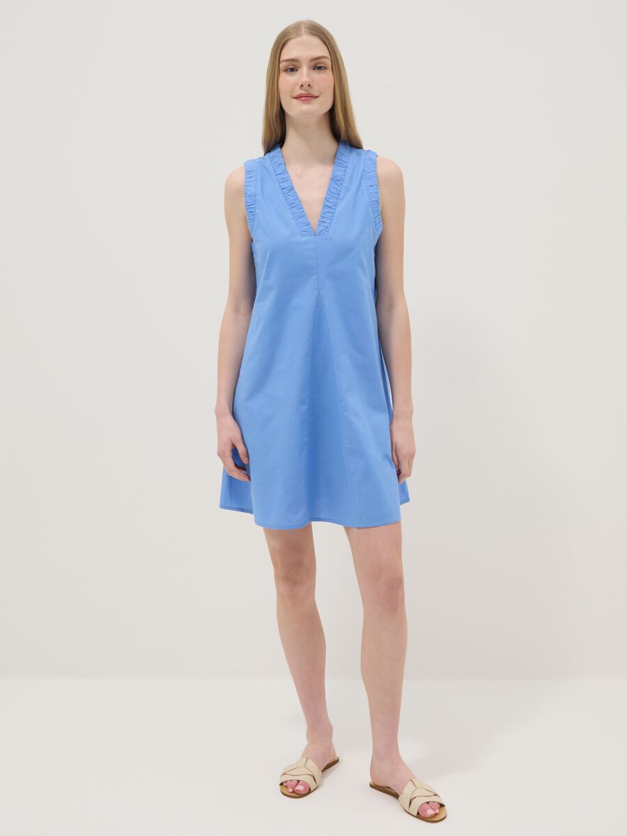 Light Blue Pure Cotton Regular Mini Dress with Ruched V-Neck_0