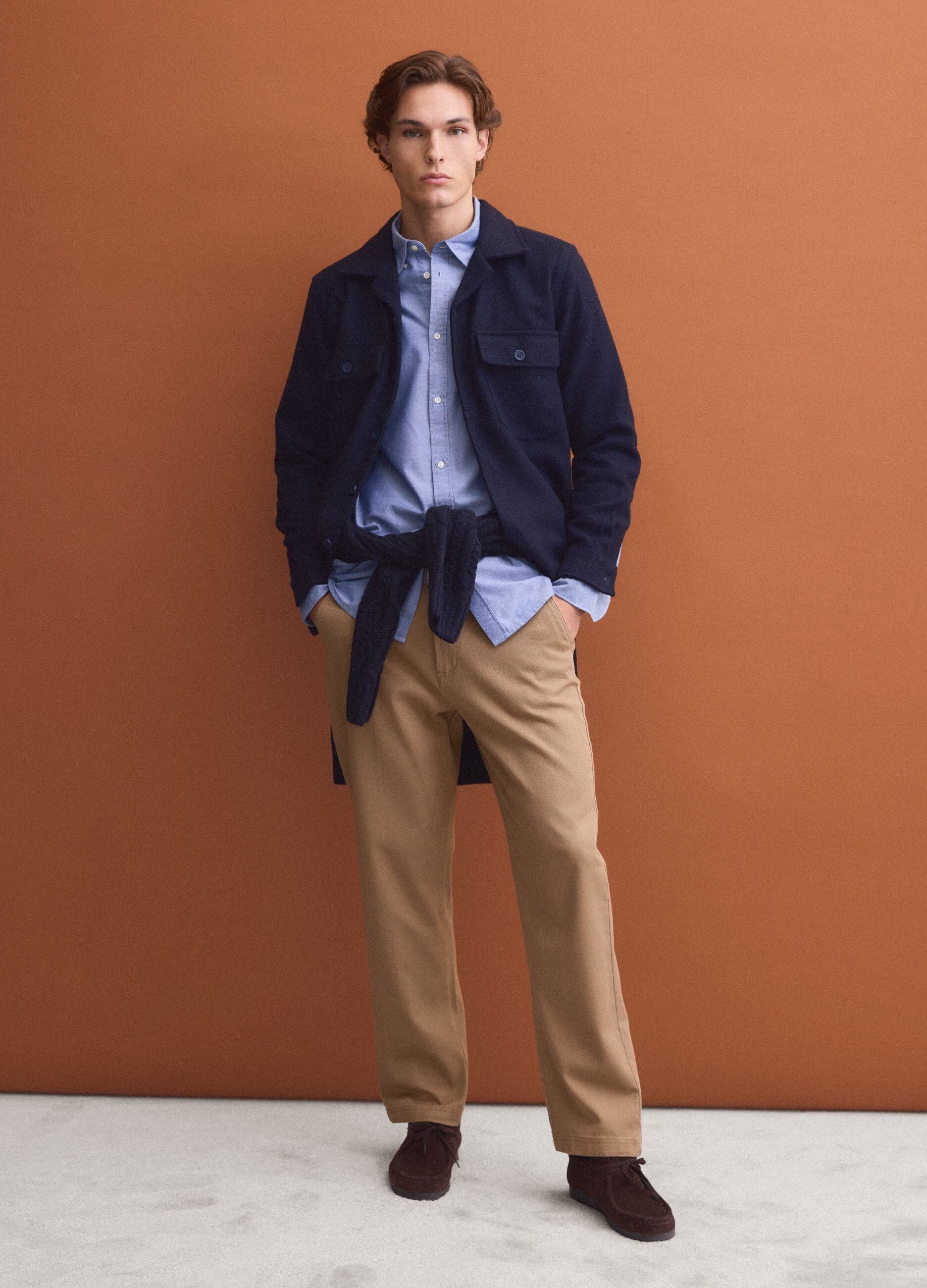 Blue wool and viscose-blend shacket with buttons, oversized fit
