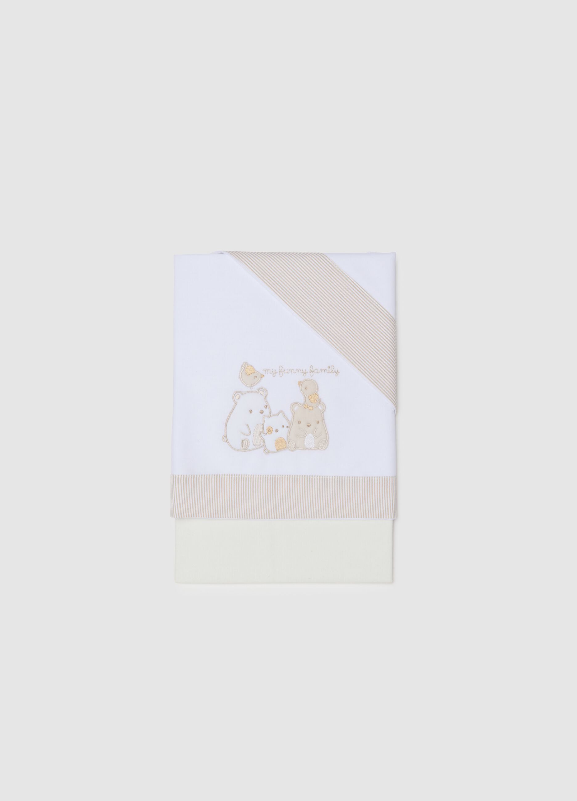 Beige and white pure cotton crib sheet with embroidery