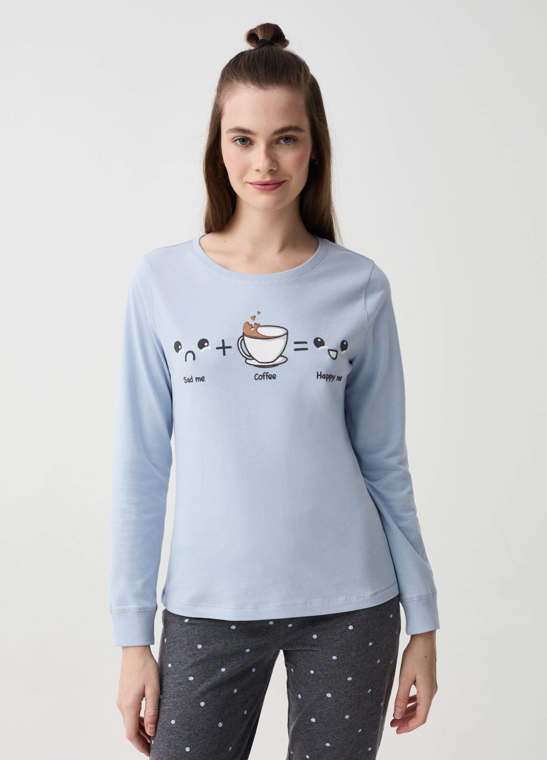 Pijama largo de lunares con estampado café