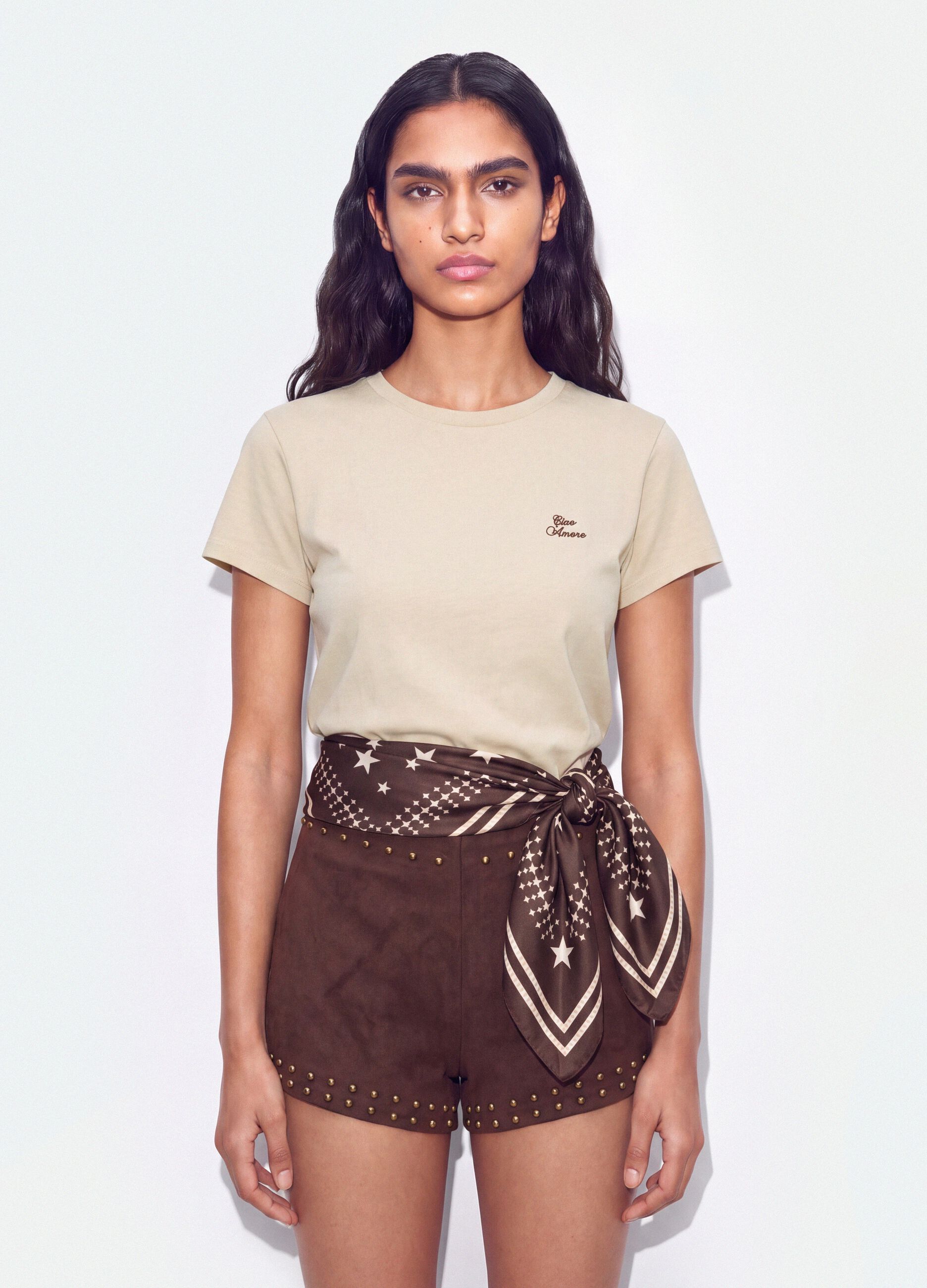 Beiges Cropped T-Shirt aus reiner Baumwolle mit Rundhals und Print