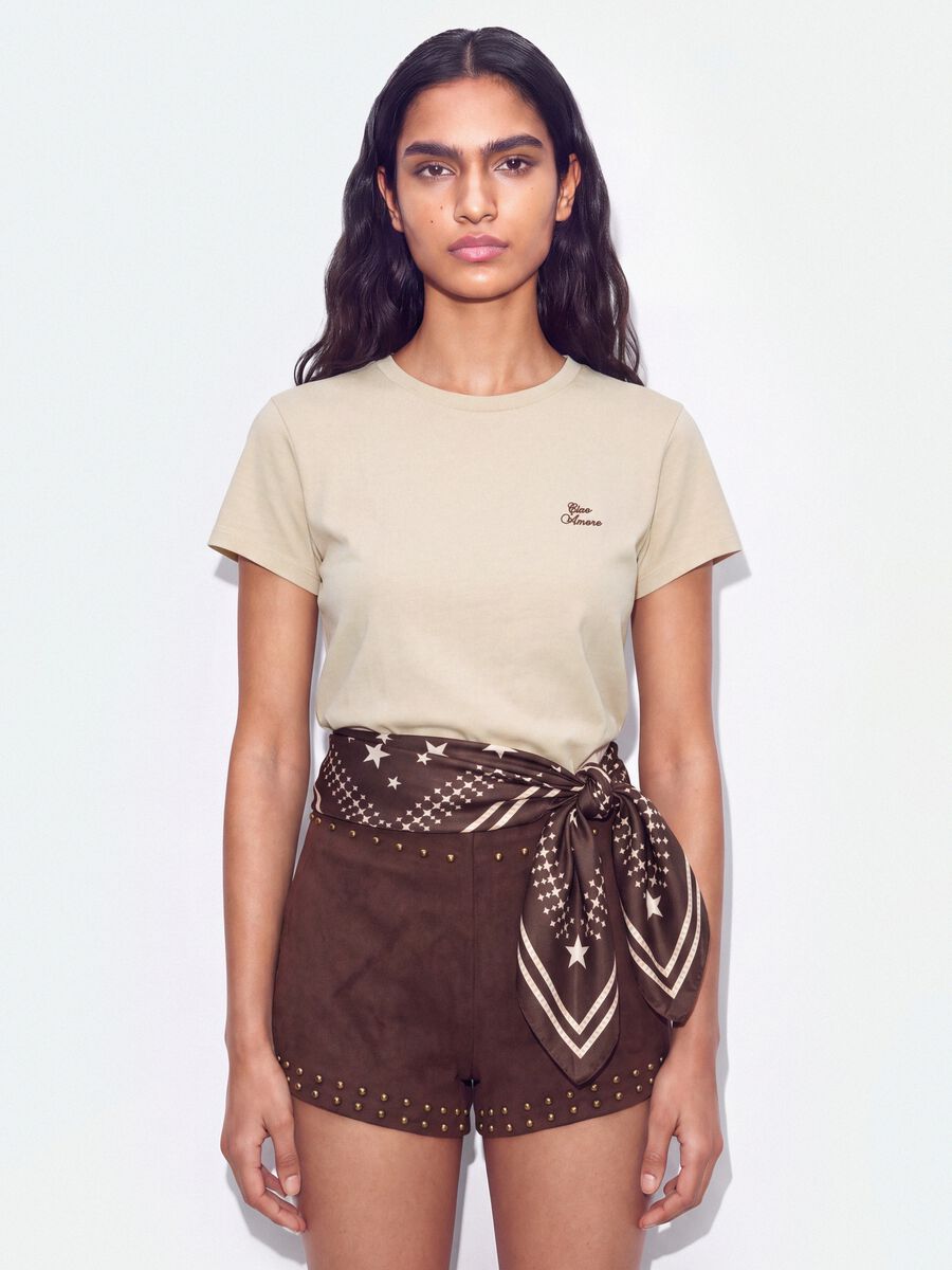 Beige pure cotton cropped T-shirt with crew neck and print_0