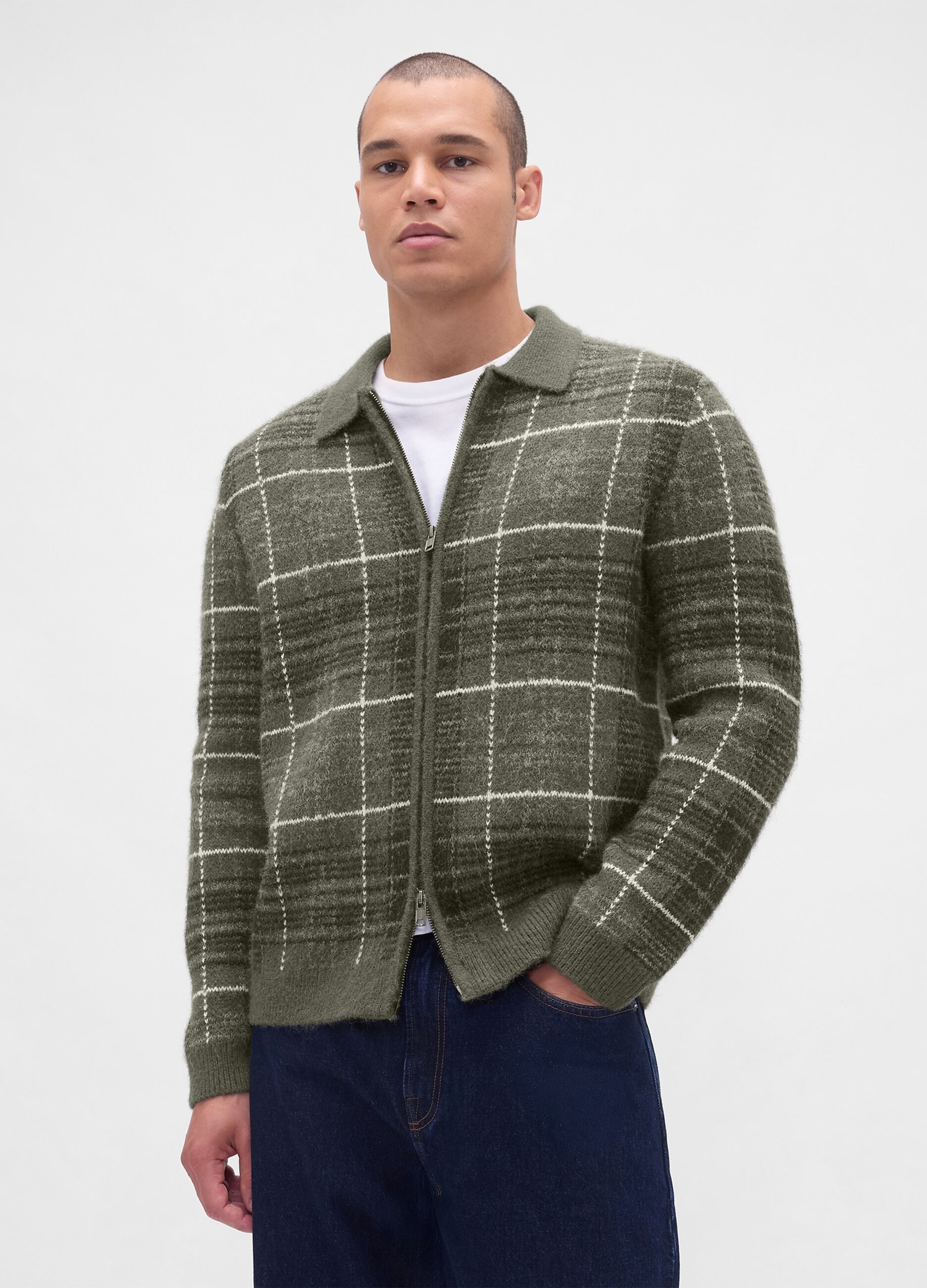 Camisola verde axadrezada em mistura de l&atilde; e alpaca