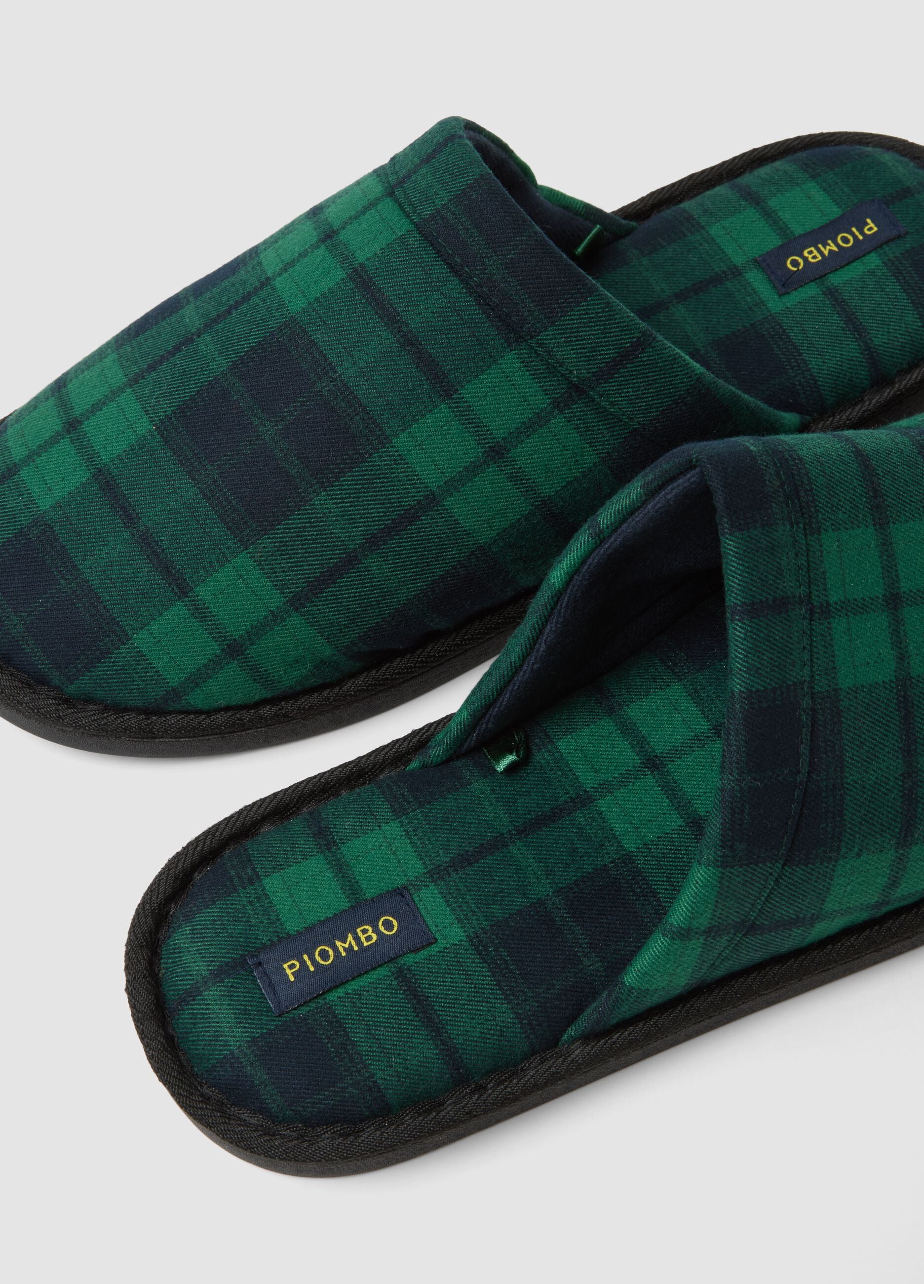 Green and blue checked slippers