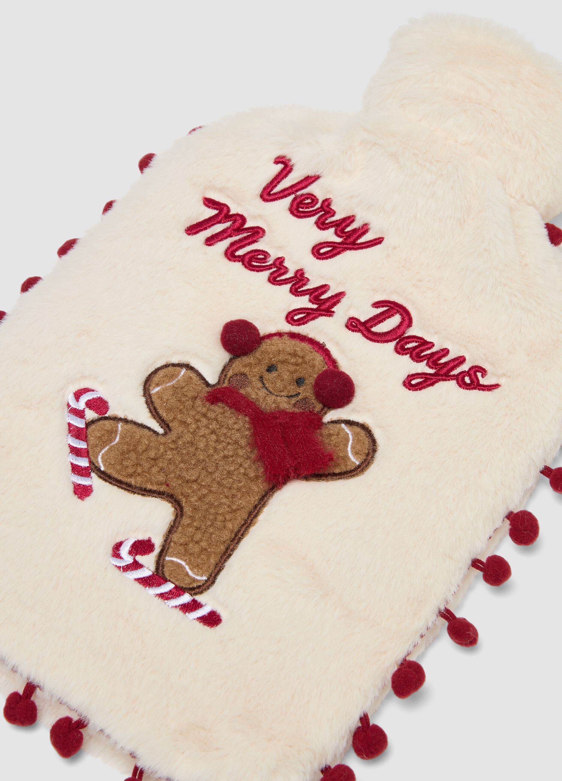 Soft white hot water bottle with Christmas embroidery