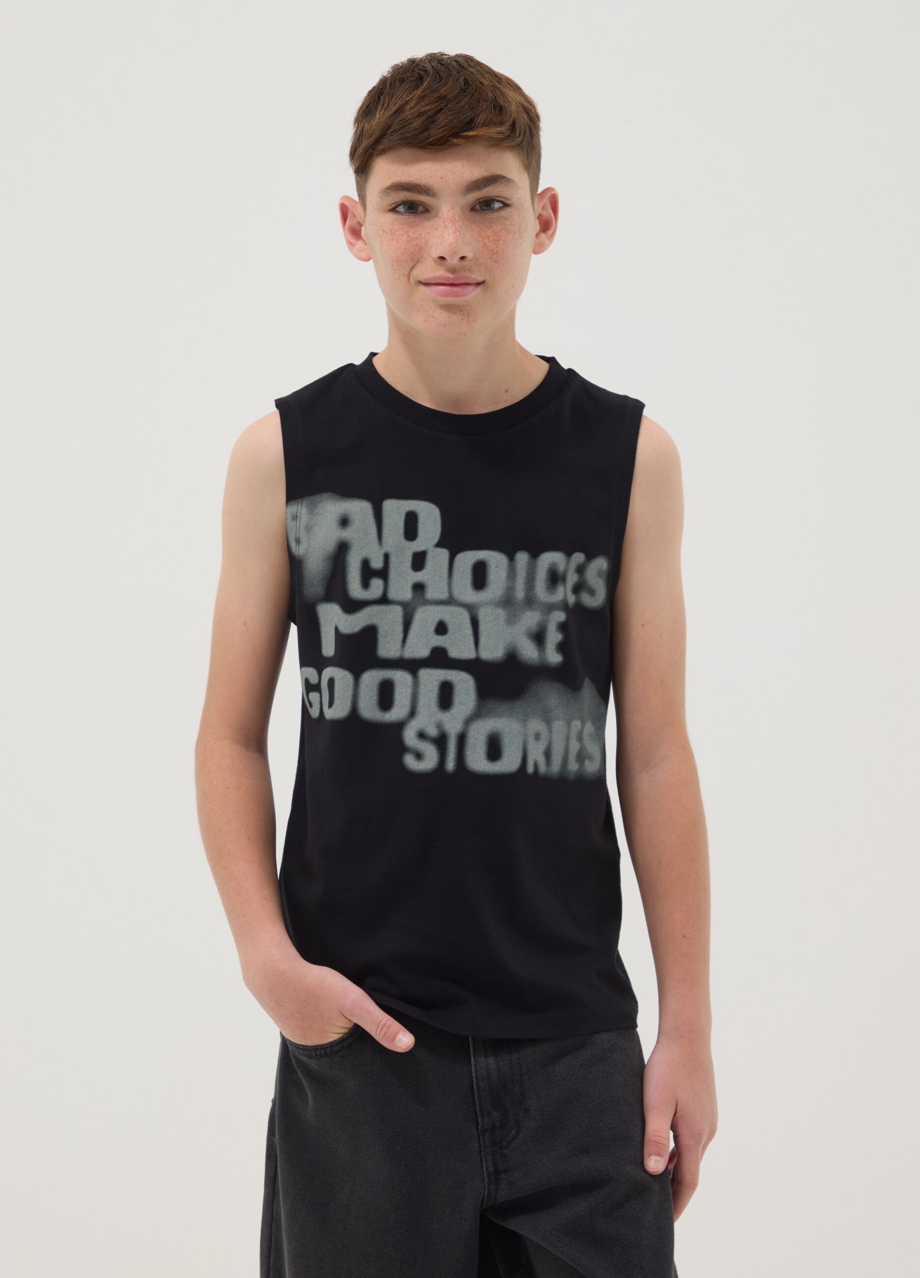 Black slogan vest top in pure cotton, oversized fit