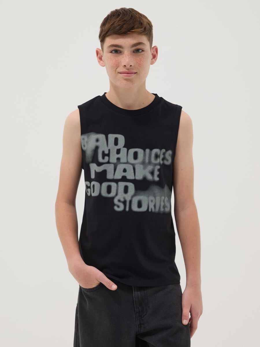 Schwarzes Tanktop mit Schriftzug aus reiner Baumwolle, Oversize-Fit_0