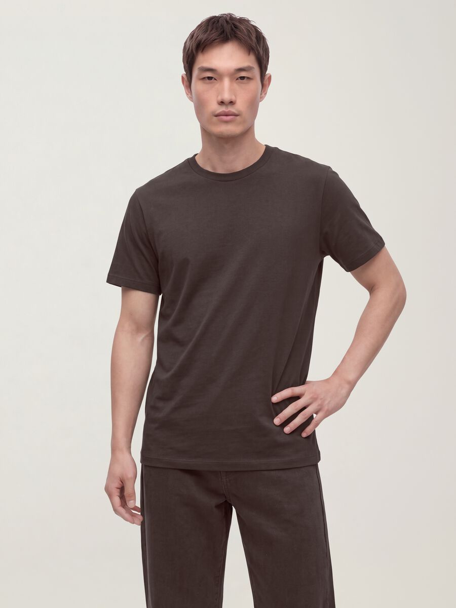 Brown mercerised pure cotton regular-fit crew-neck T-shirt_0