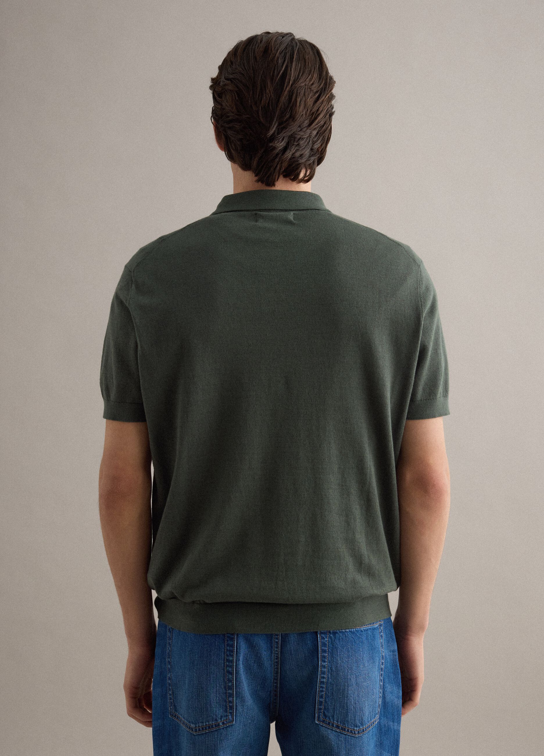 Regular fit green cotton, linen and silk blend polo