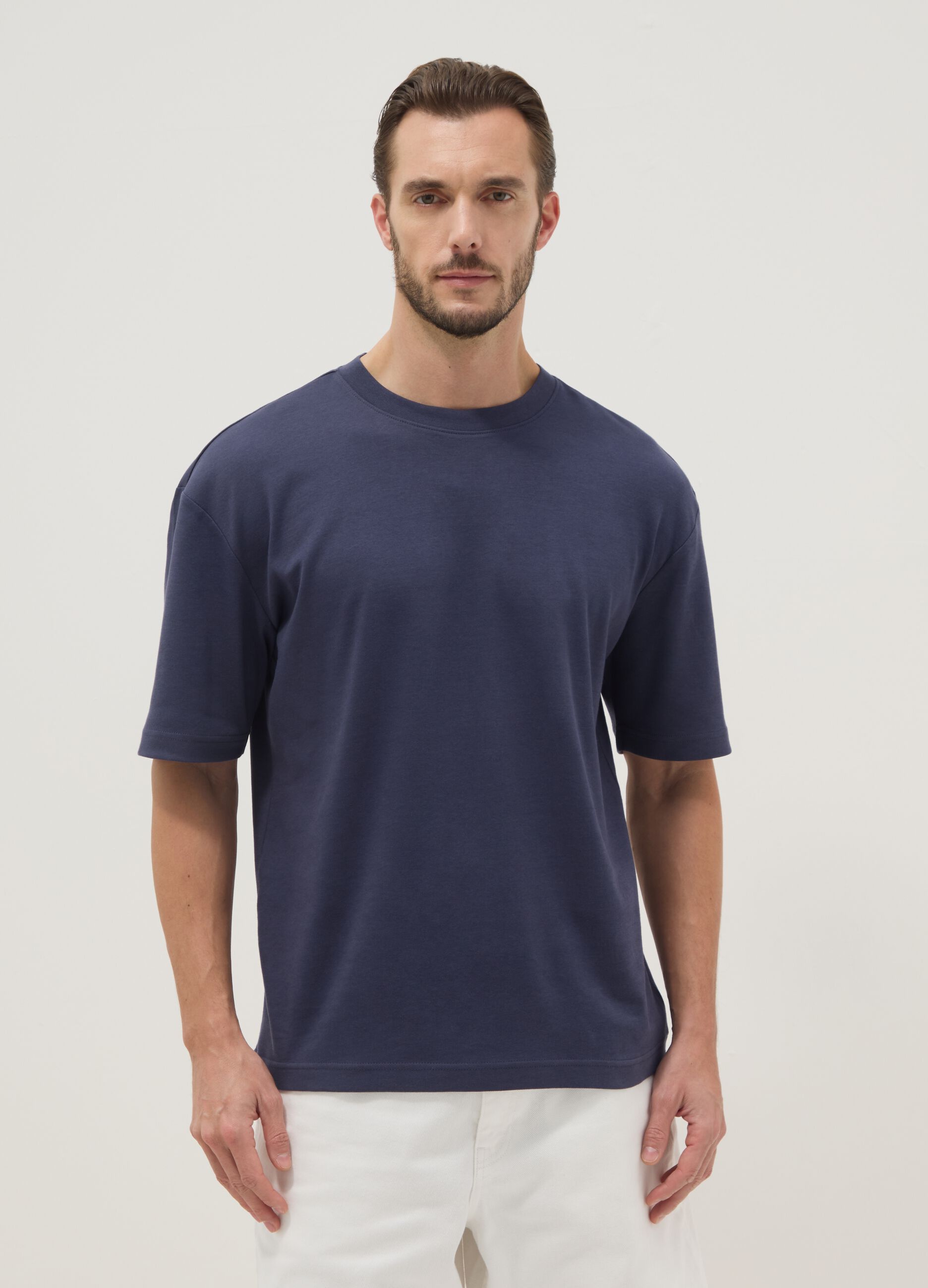 Blue pure cotton short-sleeve T-shirt, relaxed fit