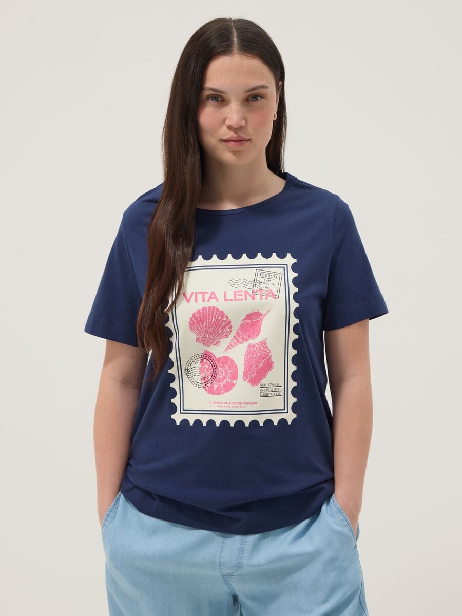 Blaues T-Shirt aus reiner Baumwolle mit Print, Regular Fit_2