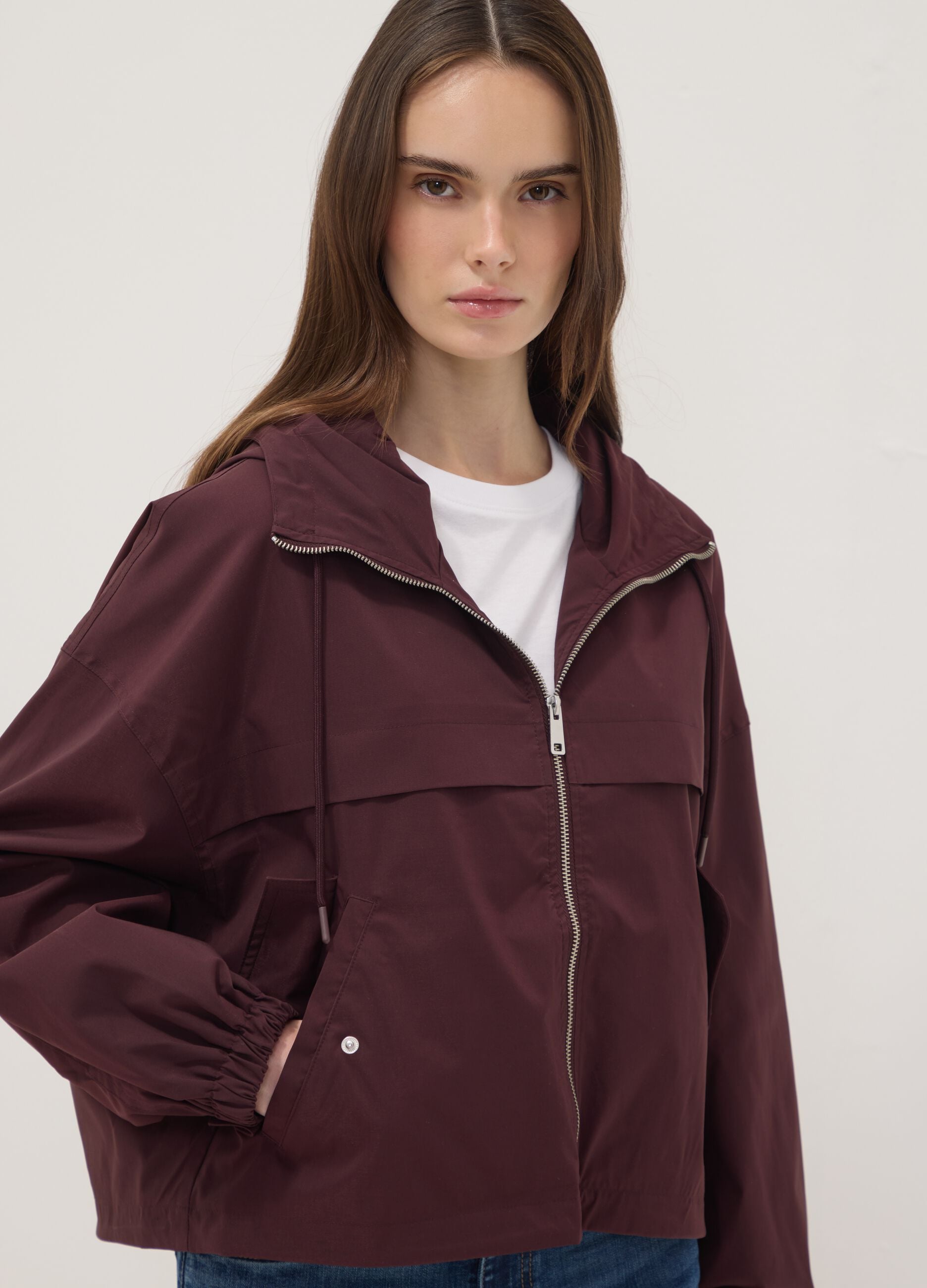 Purple hooded zip-up jacket