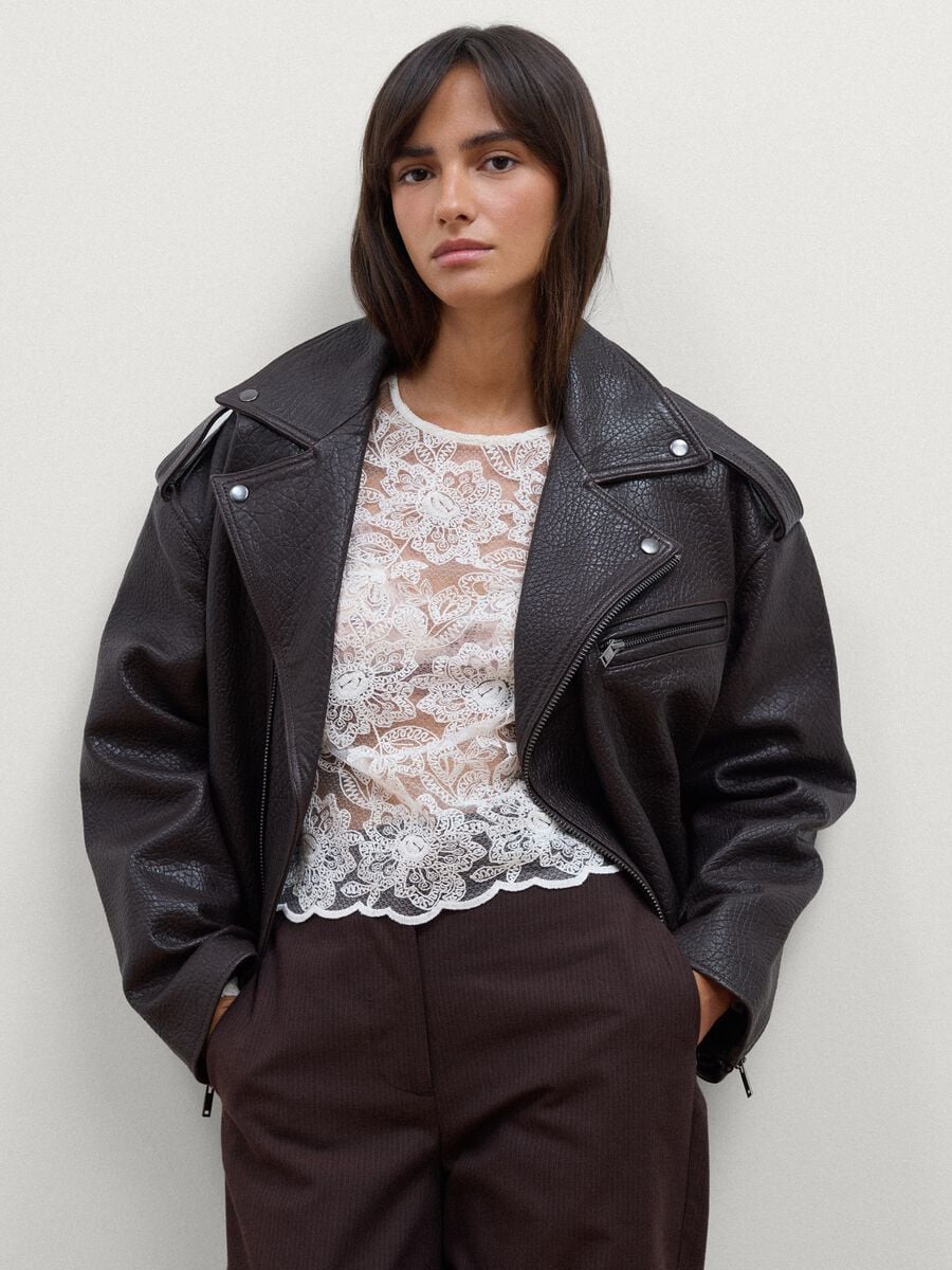 Brown oversized genuine leather biker jacket_0