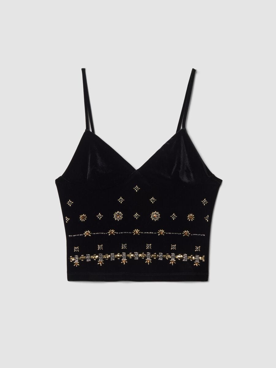 Black fitted stretch-fabric top with thin straps_0
