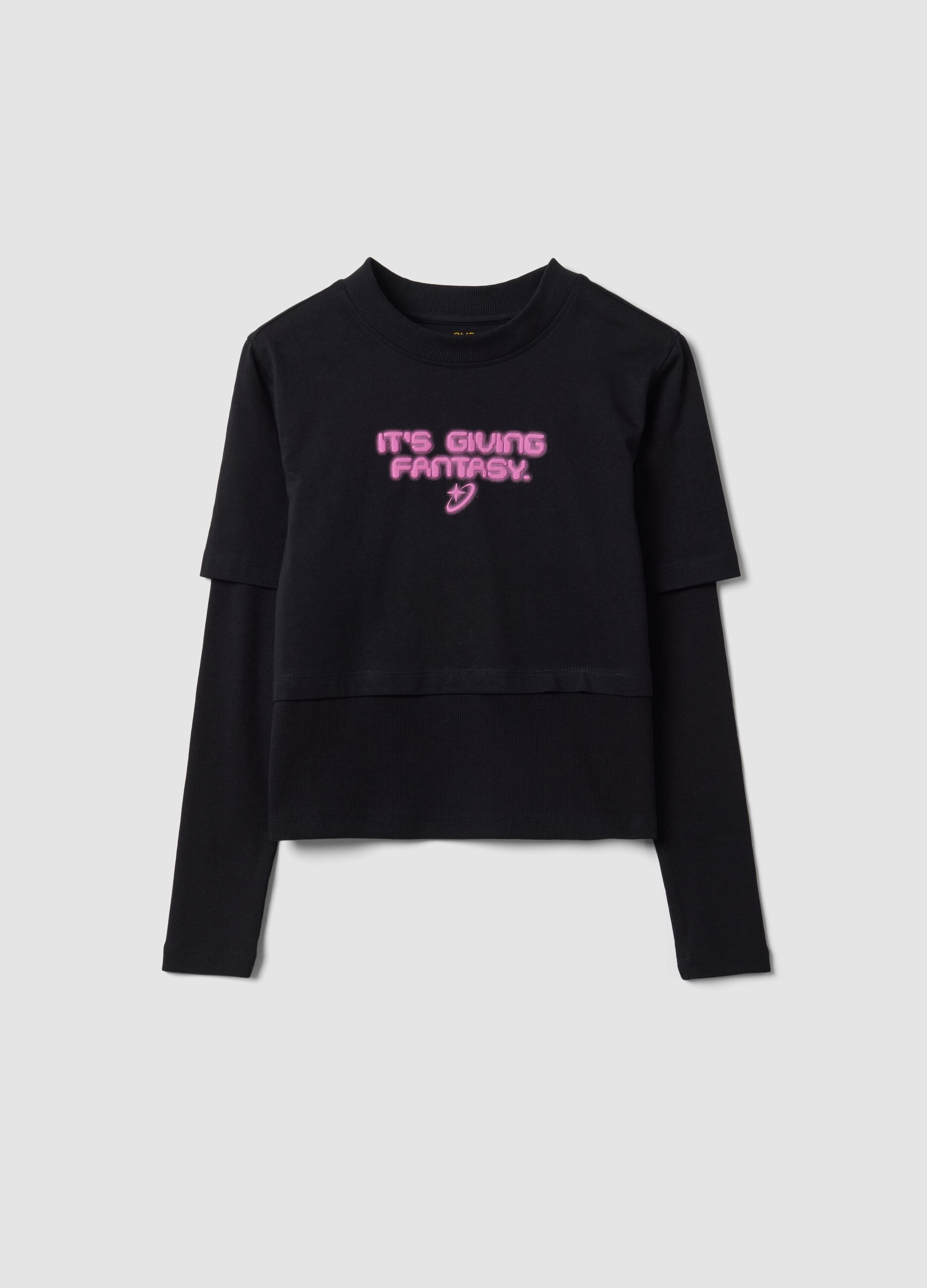 T-shirt nera in puro cotone con collo a costine e stampa boxy fit