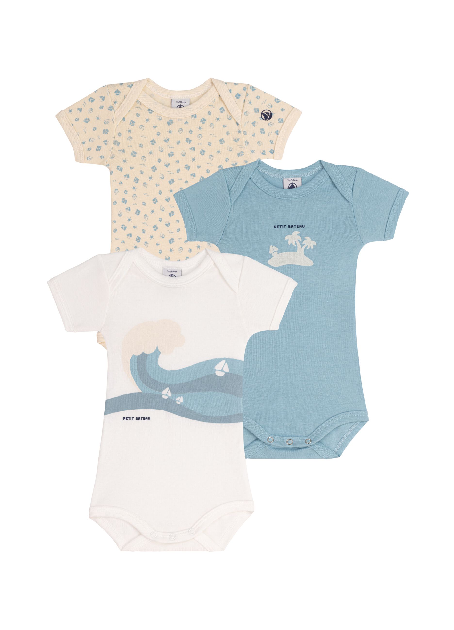 Three-pack short-sleeved bodysuit with sail boat