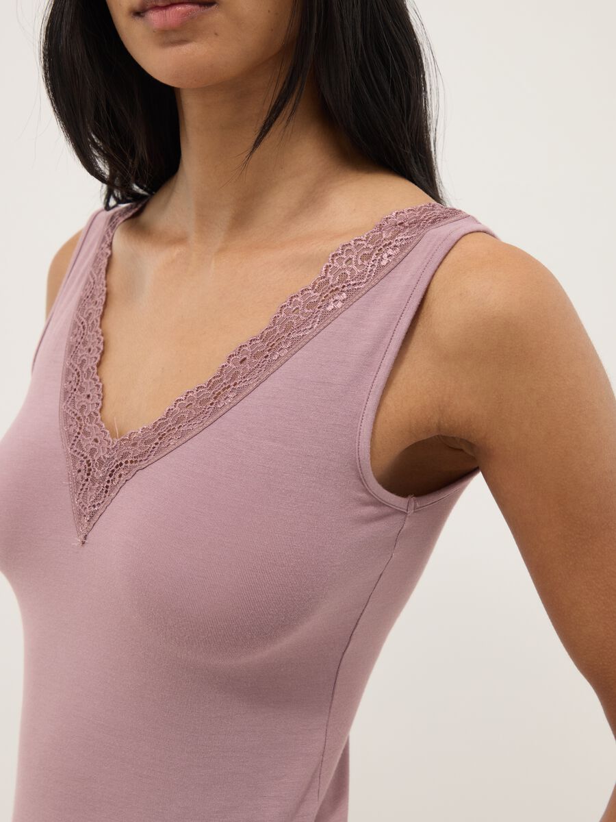 Pink stretch viscose regular fit deep V vest with lace_3