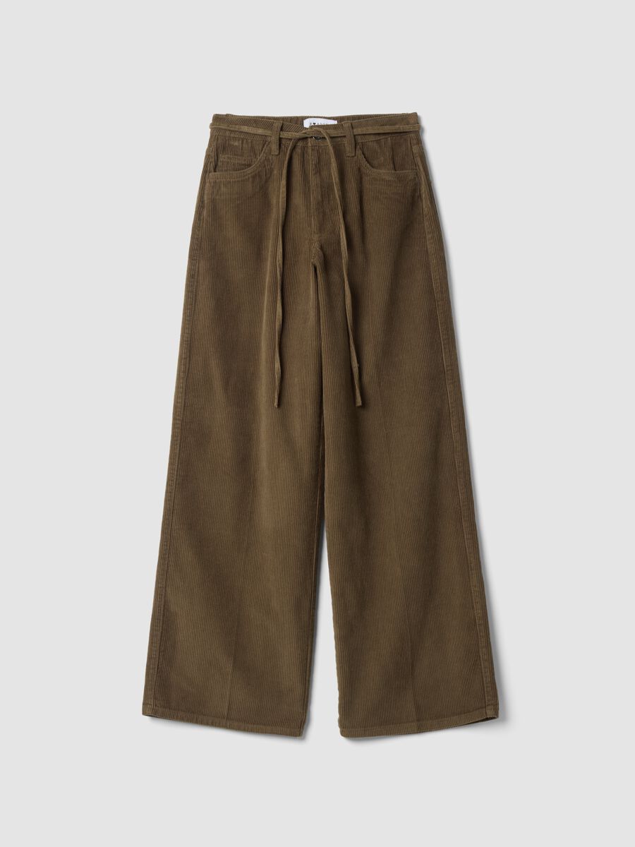 Pantaloni marroni in puro cotone a coste wide leg_0
