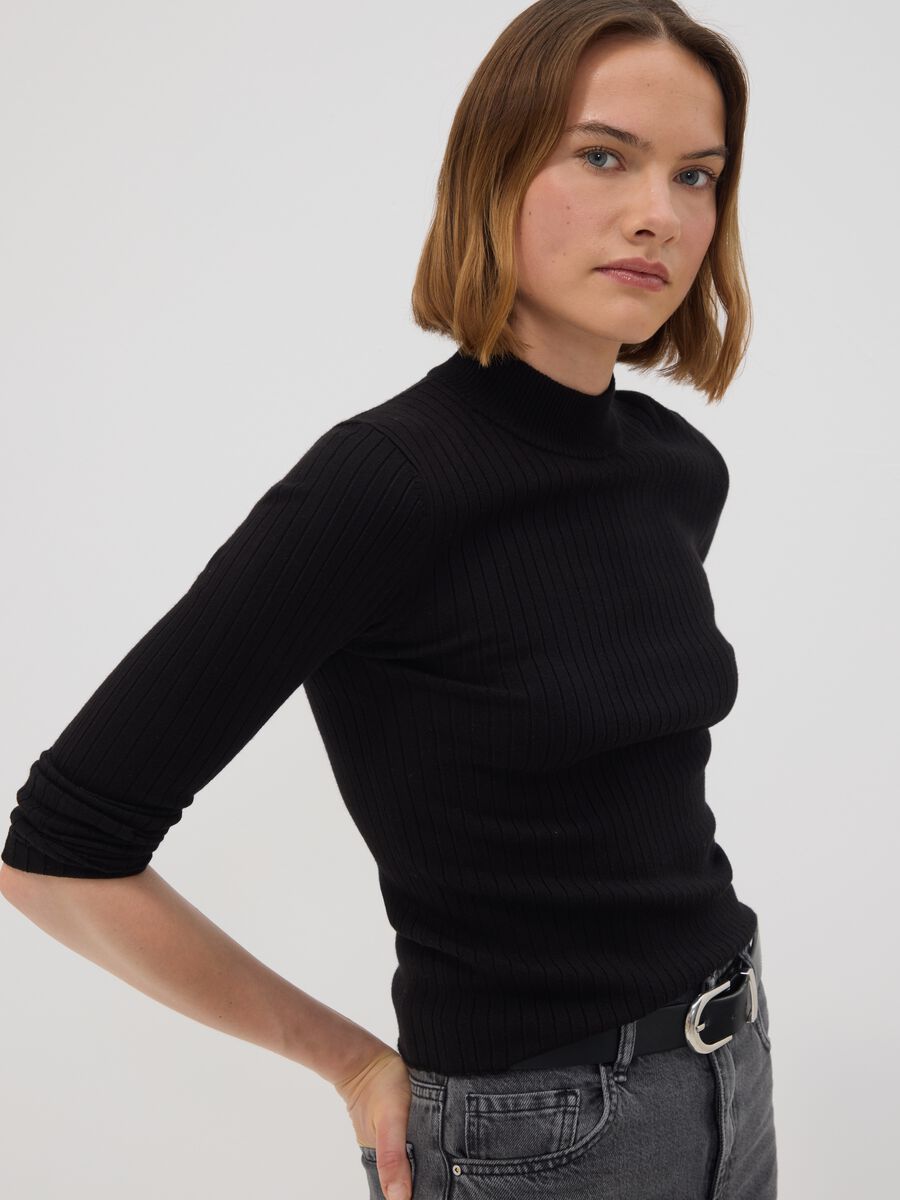 Black ribbed viscose-blend fitted top with high neck_0