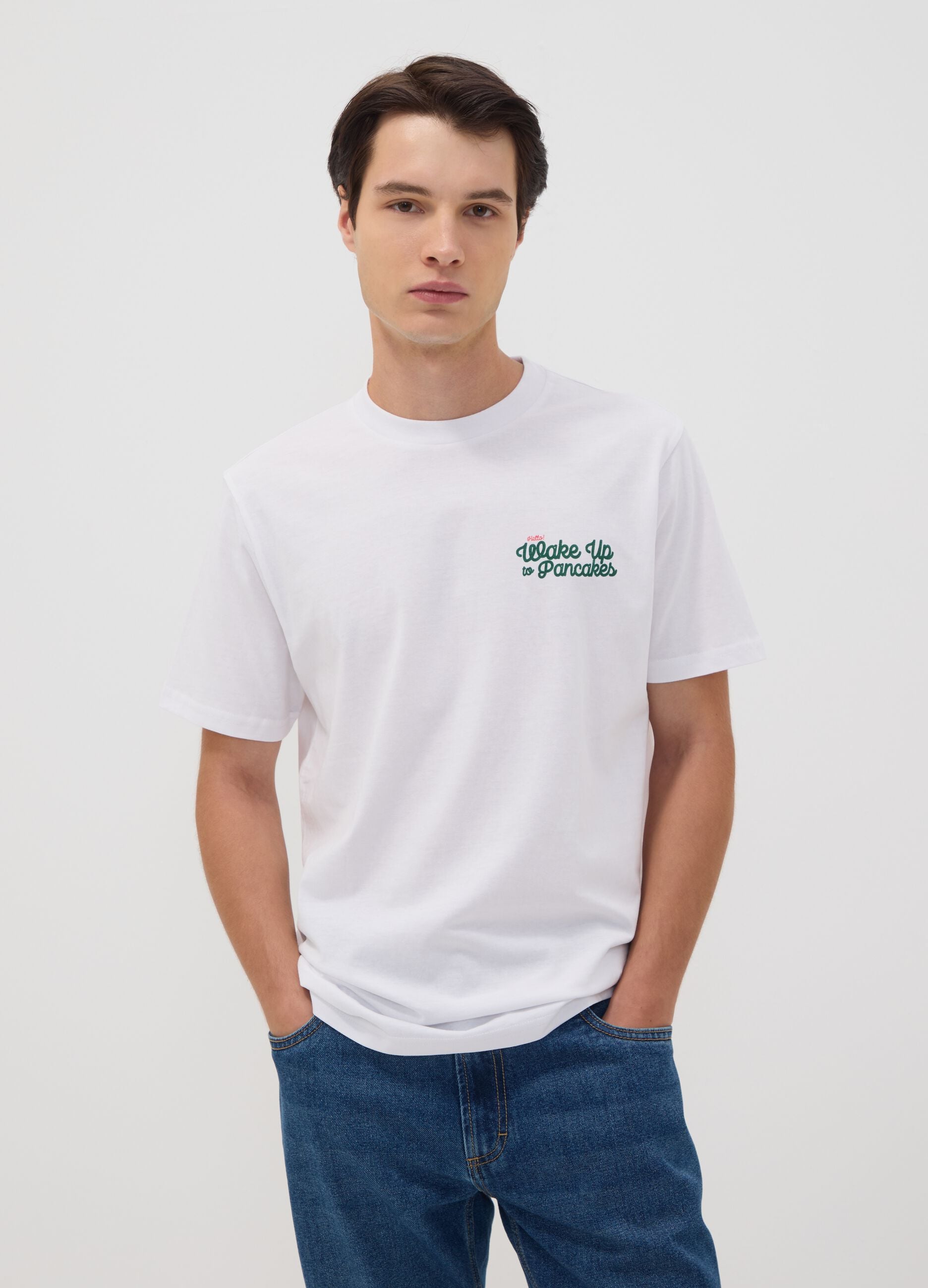 T-shirt bianca in puro cotone jersey con stampa regular fit