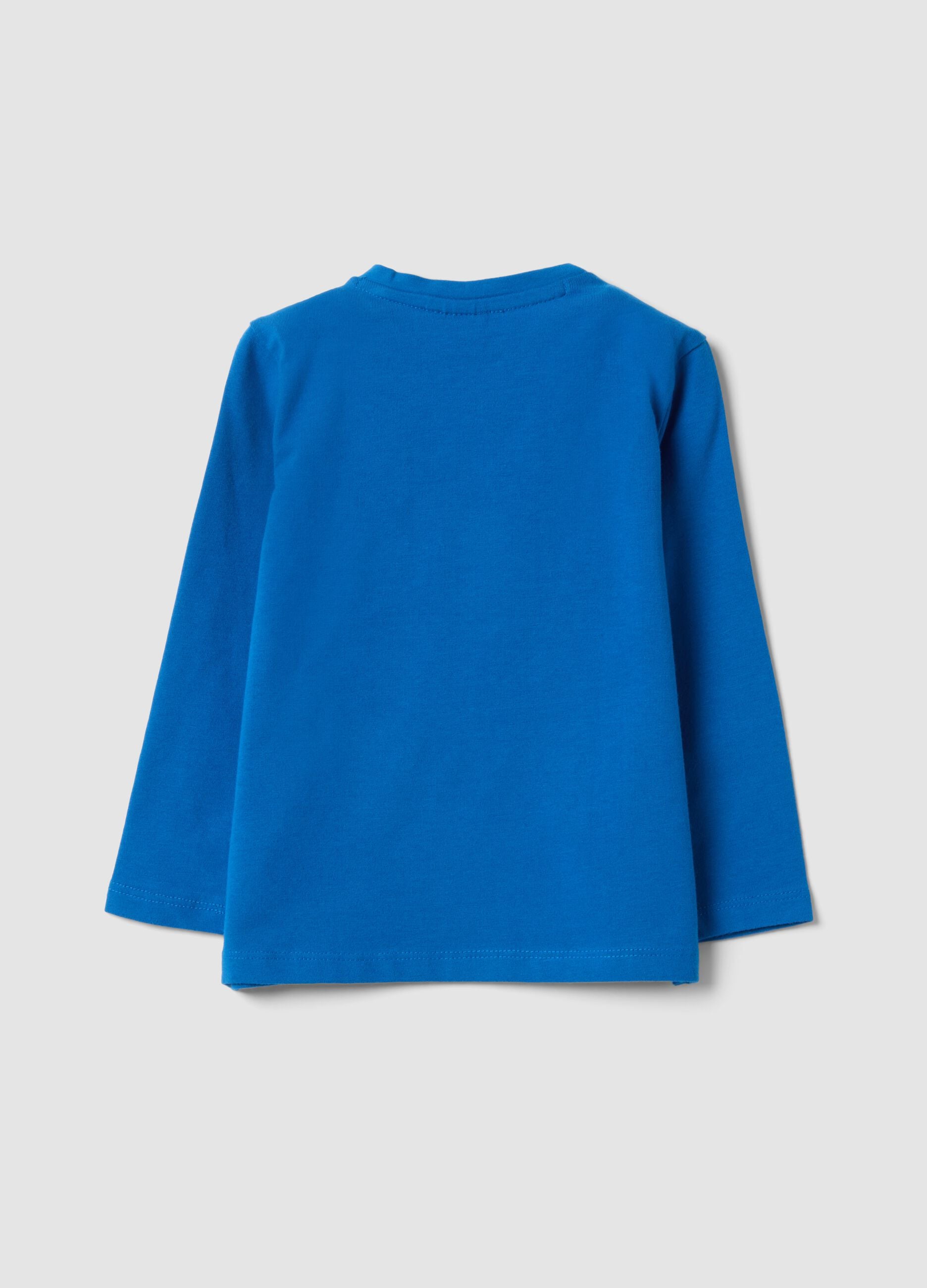 Blaues Langarm-T-Shirt aus elastischer Bio-Baumwolle mit Rundhalsausschnitt