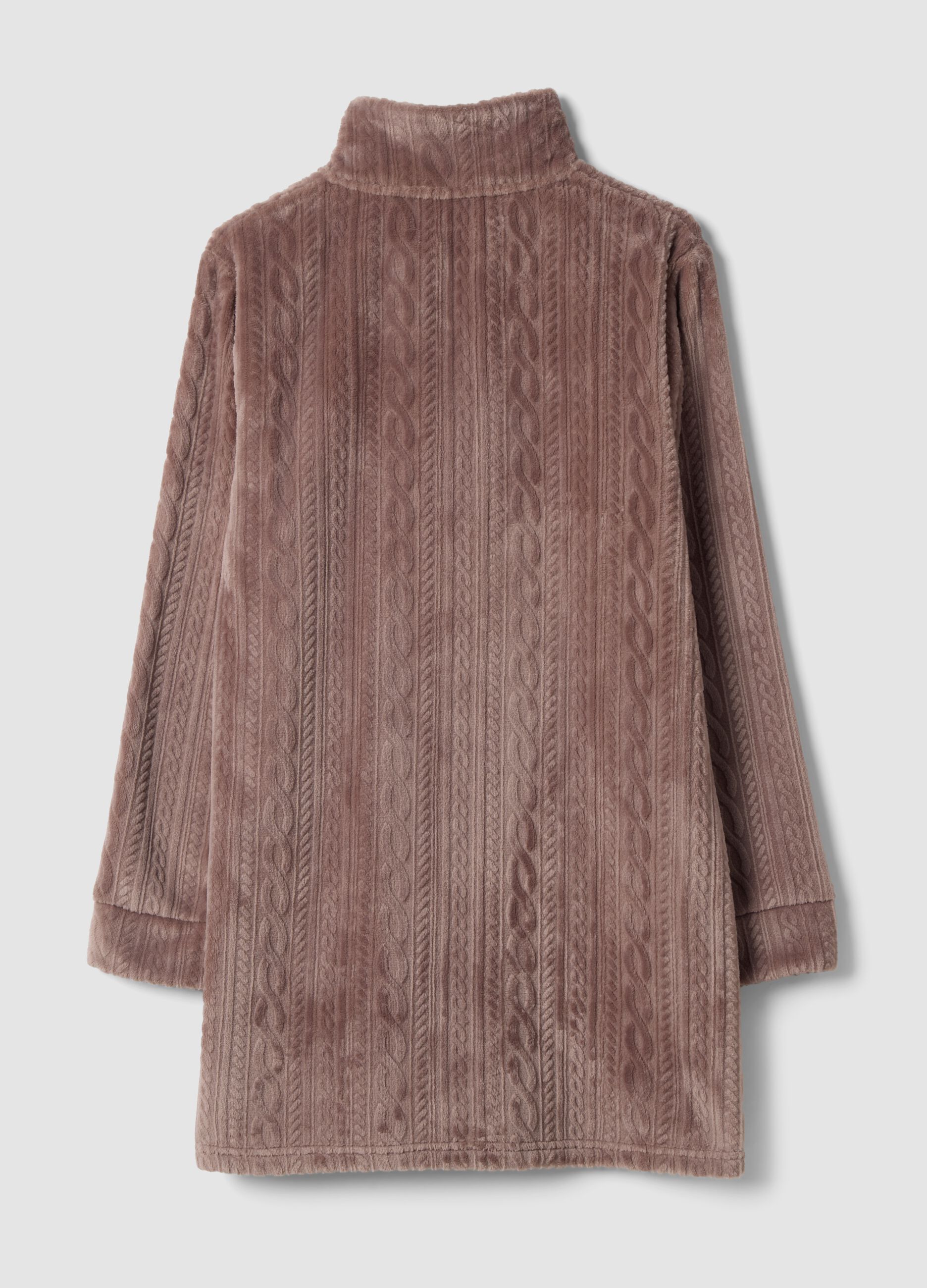 Pink zip-up dressing gown with cable-knit pattern