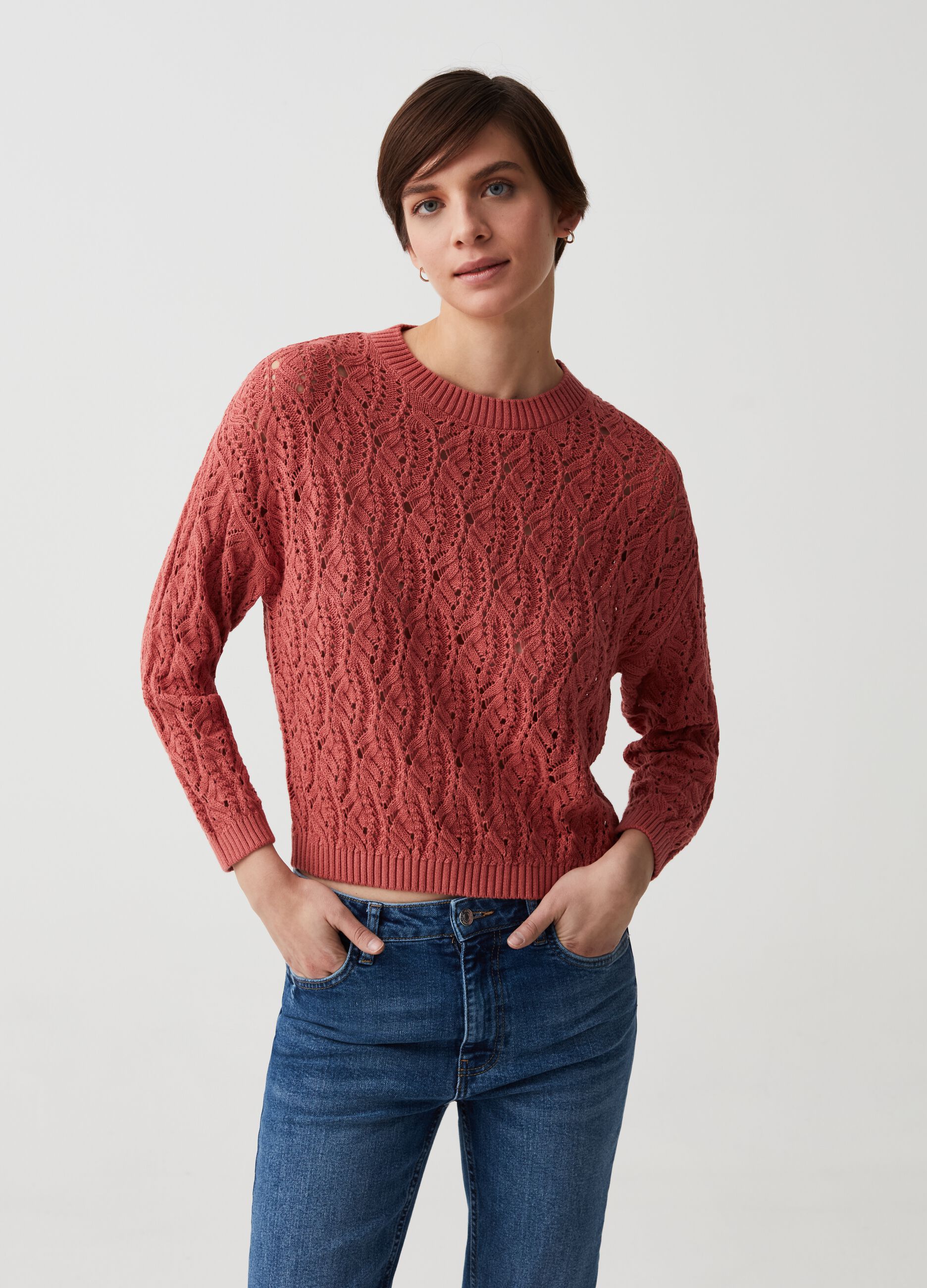 Crochet pullover with openwork design