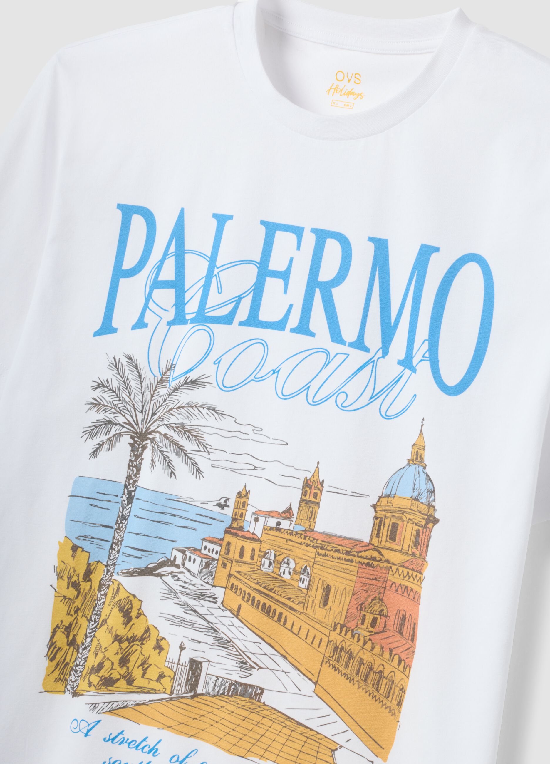 White pure cotton T-shirt with front print, regular fit