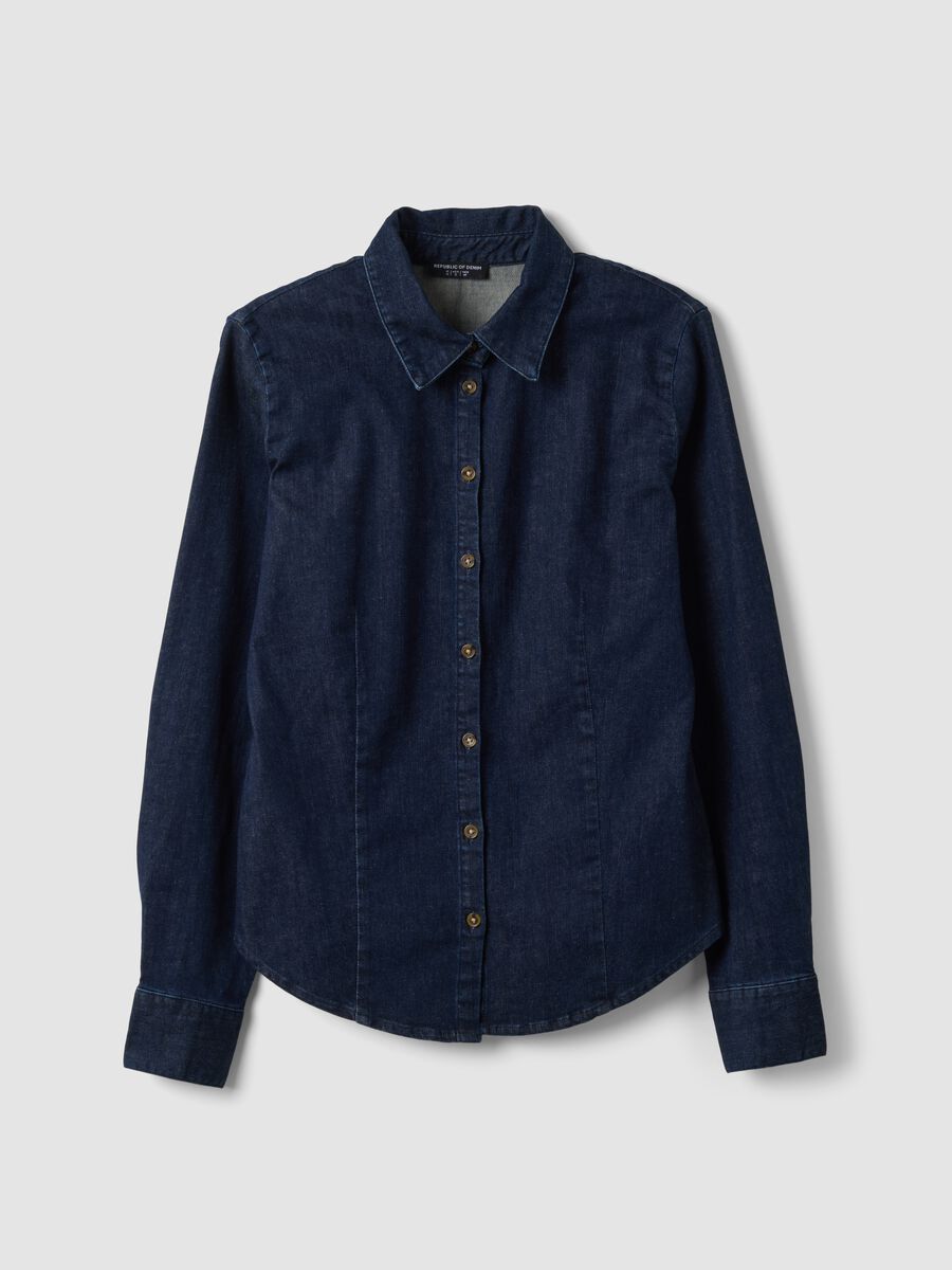Dark blue slim-fit stretch cotton denim shirt_4