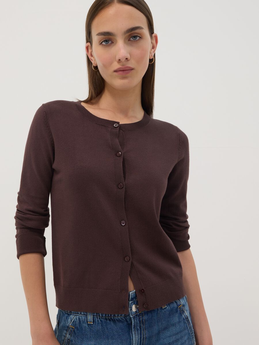 Brown viscose-blend crew-neck cardigan, regular fit_0