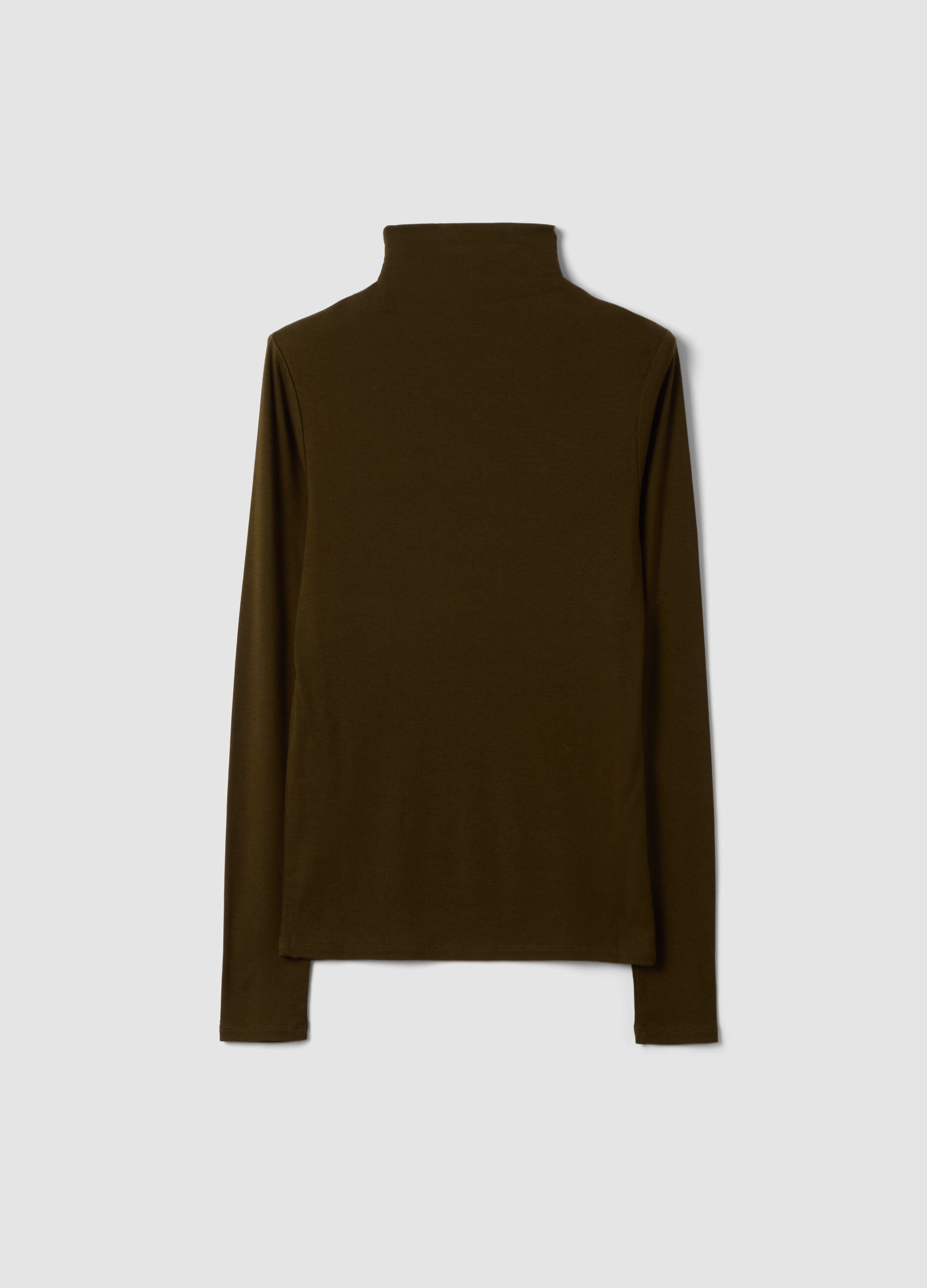 Brown lyocell and stretch wool mock-neck T-shirt, regular fit