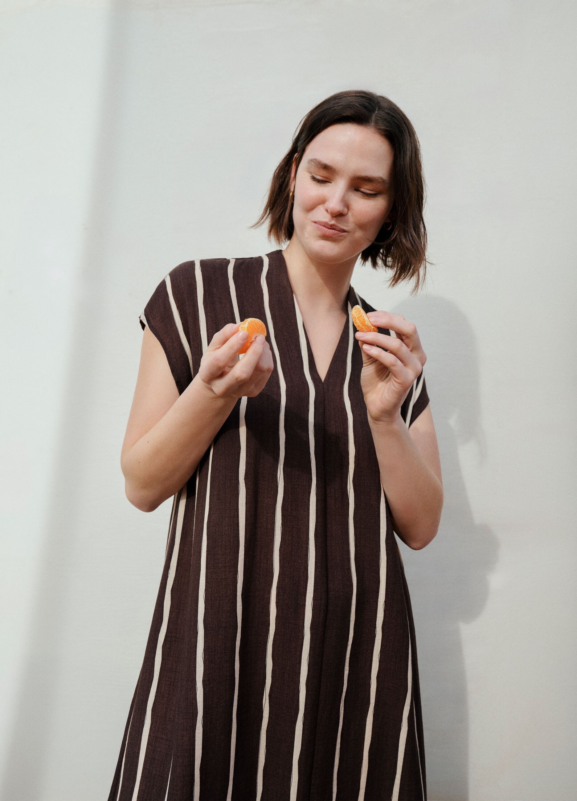 Brown striped viscose-blend midi dress