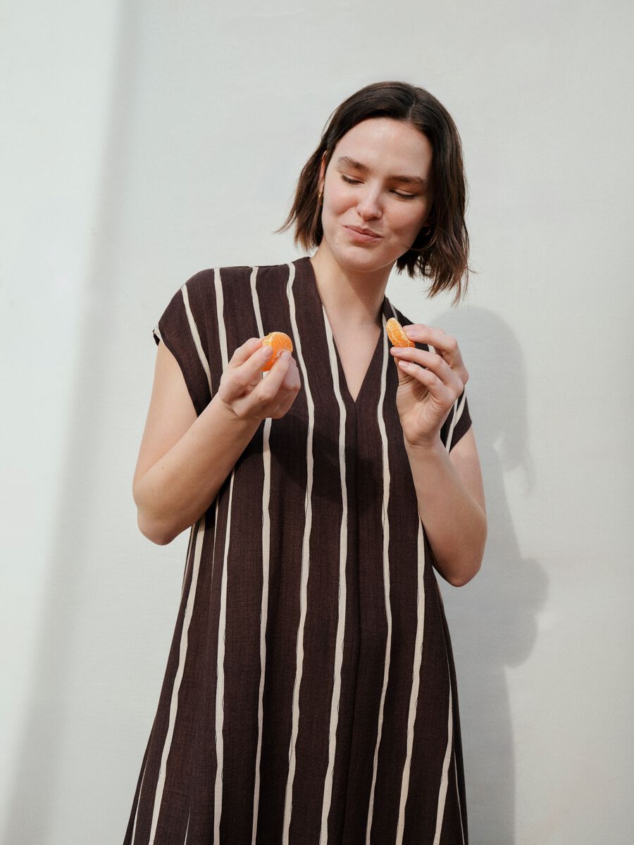 Brown striped viscose-blend midi dress_0