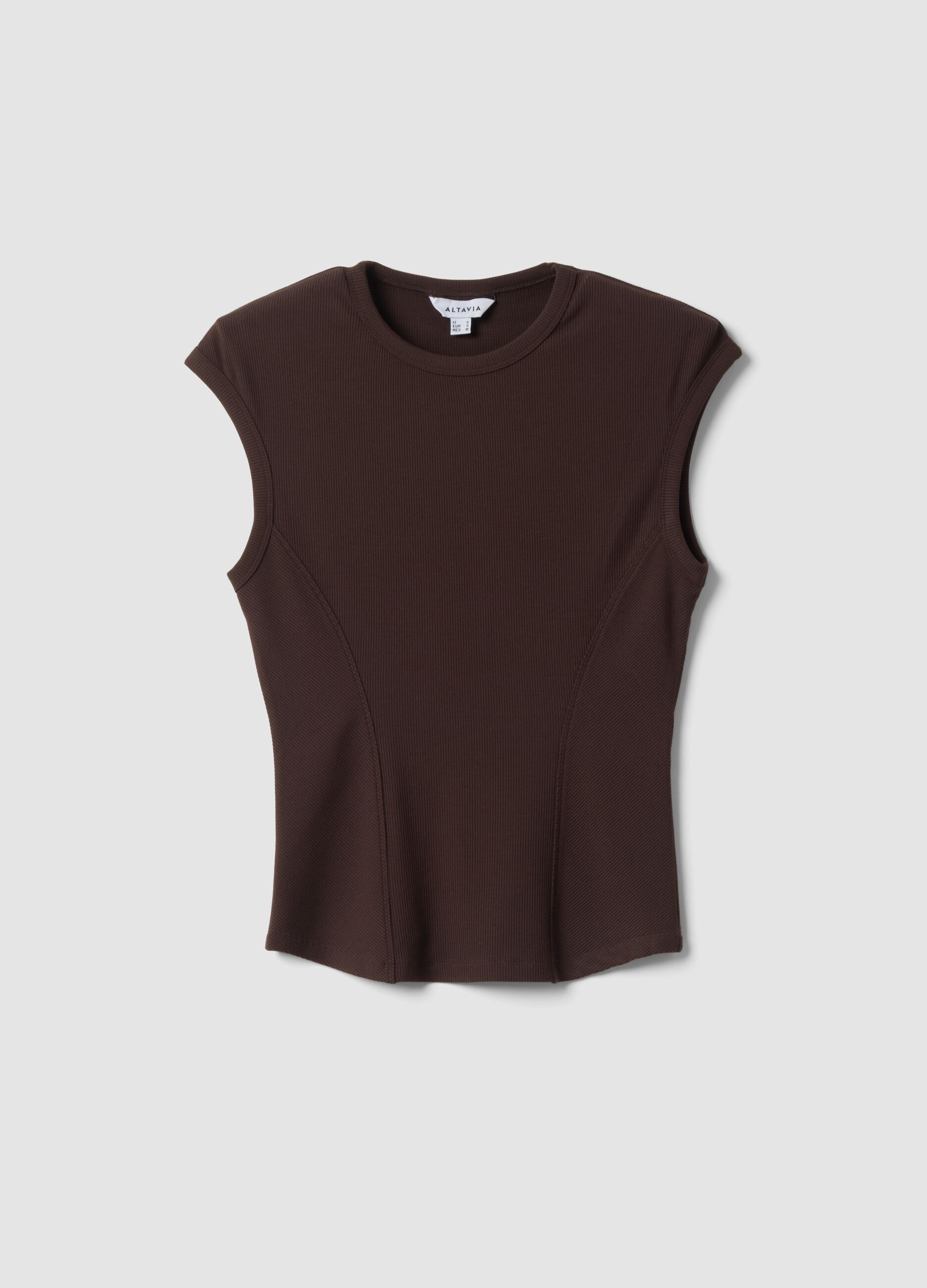 Brown ribbed stretch modal crew-neck top