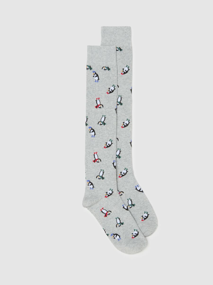Grey cotton blend knee-high socks with print_0